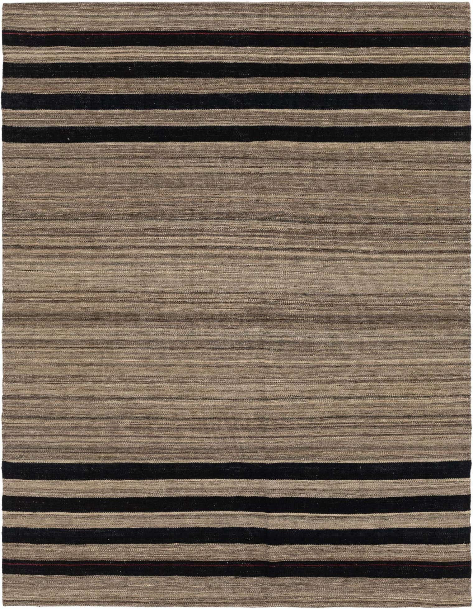 A 6x9 rectangular Kilim Modern rug with a flatweave, featuring horizontal stripes in varying shades of brown, tan, and cream, accented by wider black stripes at the top and bottom.