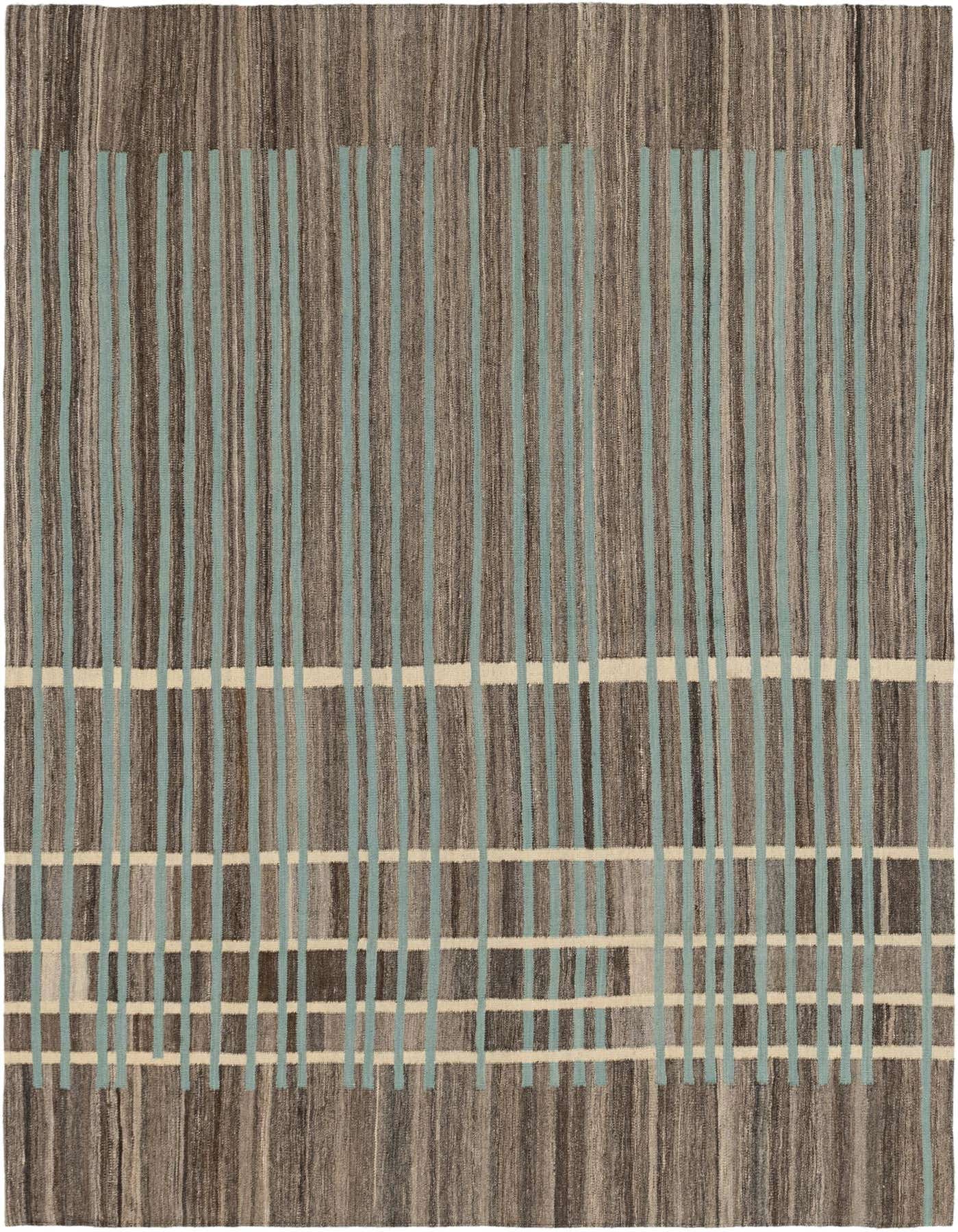 A 6x9 rectangular Kilim Modern wool rug featuring vertical brown and tan stripes with accenting teal and ivory horizontal lines.