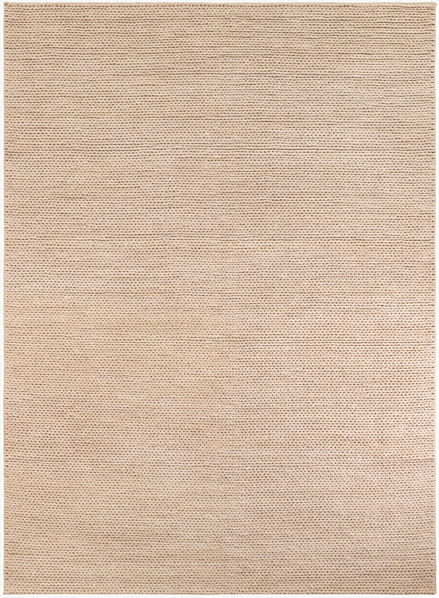 A 9x12 rectangular Lana New Zealand Wool rug in a solid light brown and cream textured weave, perfect for a living room.