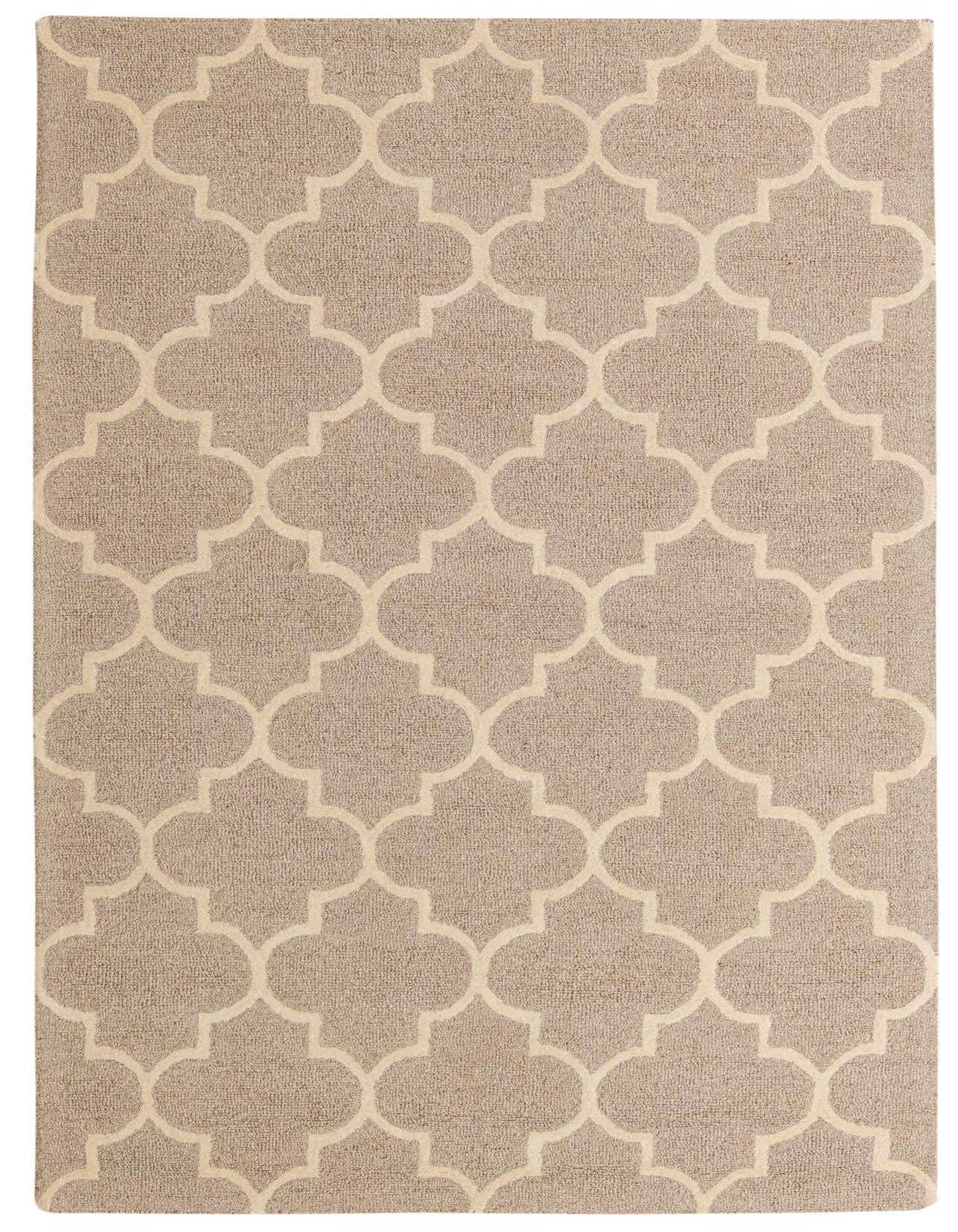 A 5x8 rectangular brown and ivory wool rug with a modern abstract quatrefoil pattern, ideal for a living room.
