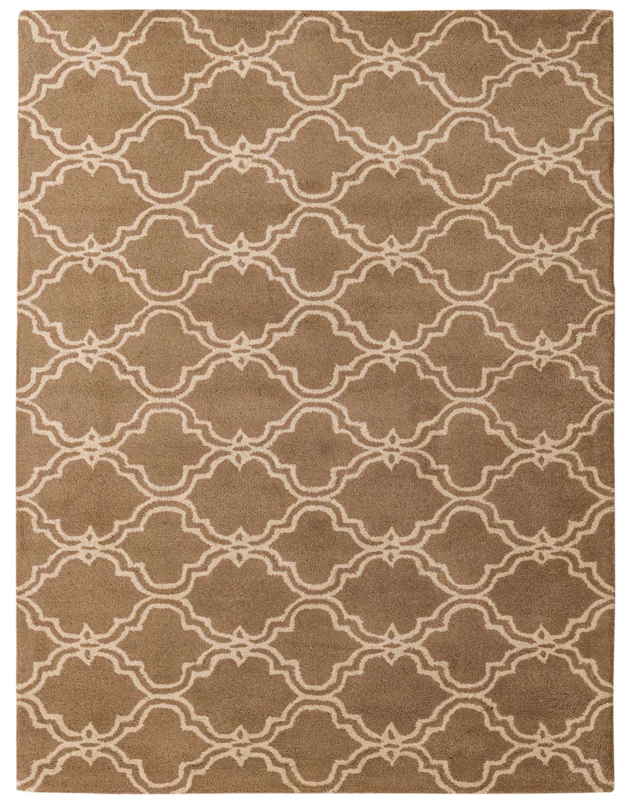 A 5x8 rectangular Luna Collection rug featuring a high pile, brown background, and cream modern abstract pattern.