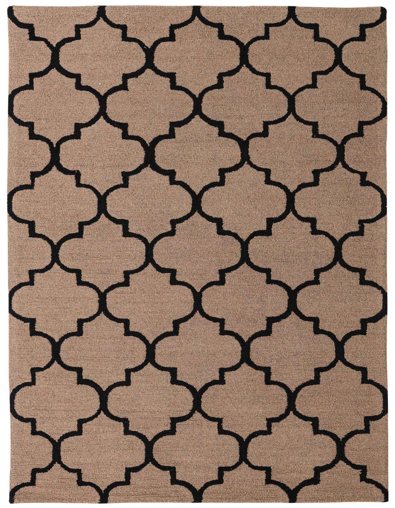 A 5x8 rectangular Luna rug in brown and black, featuring a modern abstract quatrefoil pattern, ideal for a living room or bedroom.