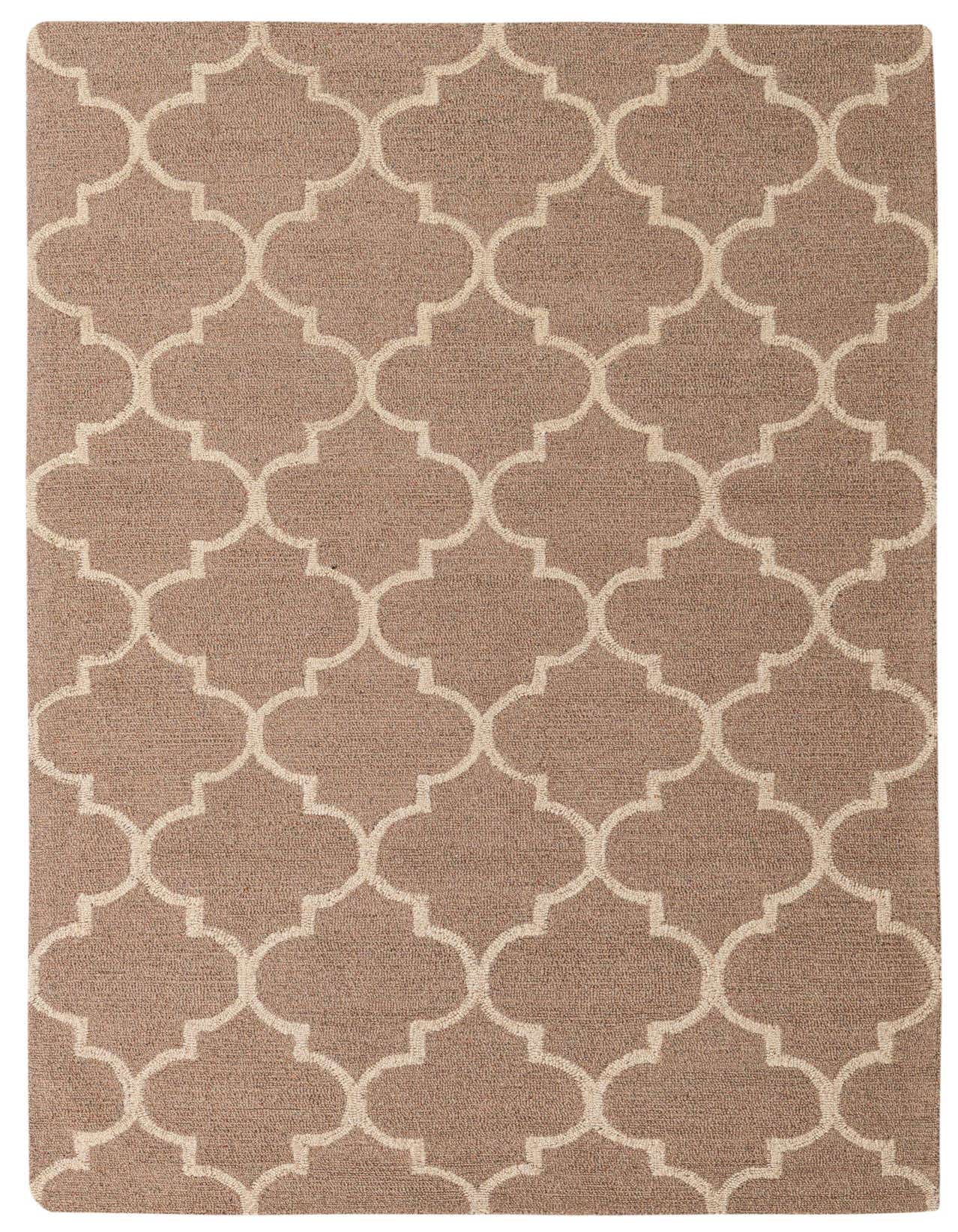 A 5x8 rectangular Luna Collection wool rug in brown and ivory, featuring a modern abstract trellis pattern.