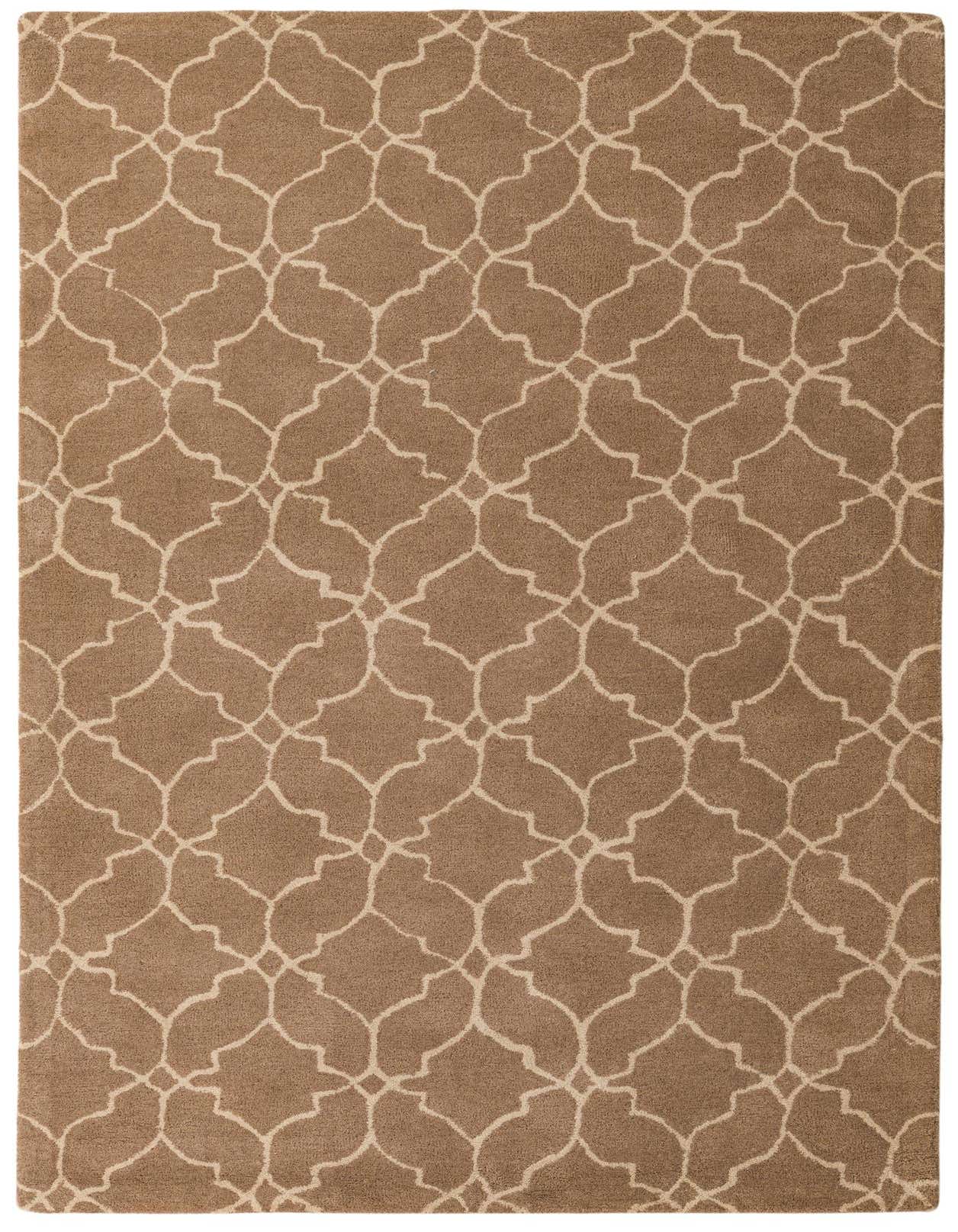 A rectangular 5x8 brown wool rug featuring a modern abstract trellis pattern in ivory, suitable for a living room.
