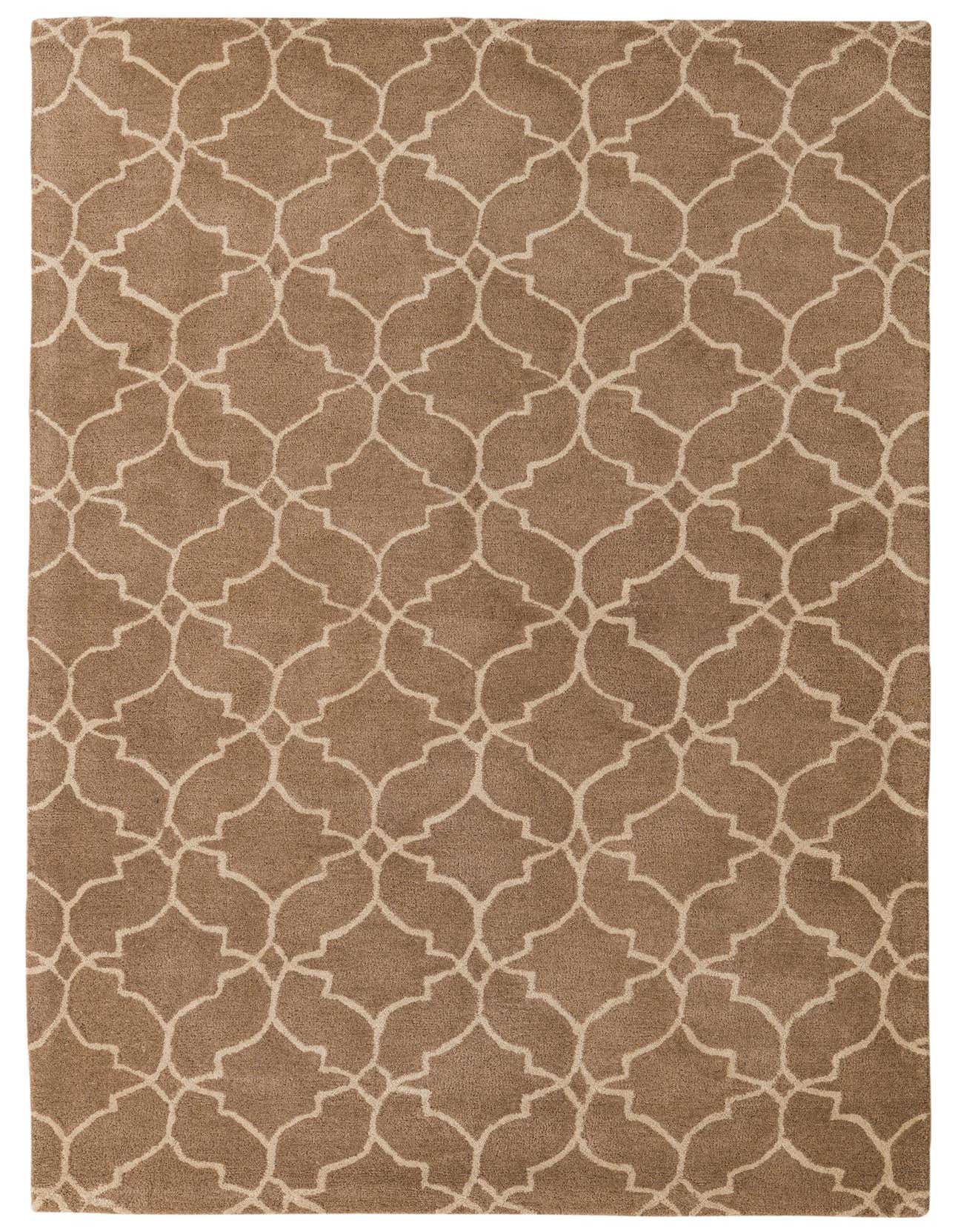 A 5x8 rectangular brown wool rug with a high pile and an ivory modern abstract pattern, suitable for a living room.