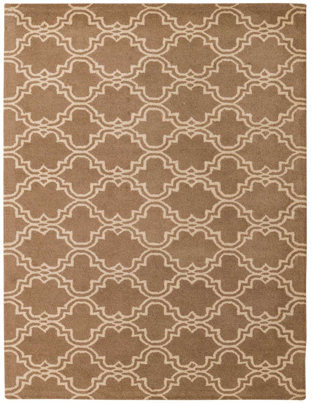 A 5x8 rectangular Luna Collection wool rug in brown and ivory, featuring a modern abstract quatrefoil pattern.