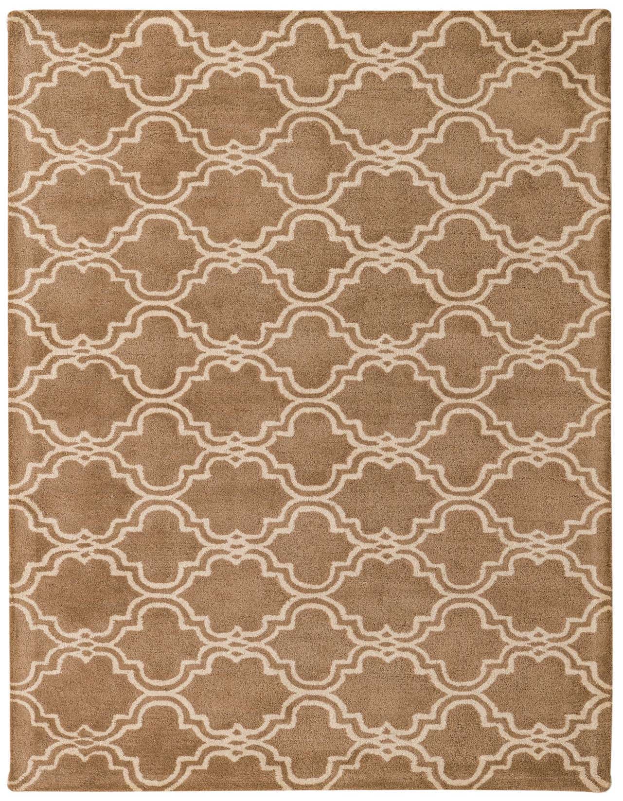A 5x8 rectangular Luna Collection wool rug in brown with an ivory modern abstract pattern, perfect for a living room.