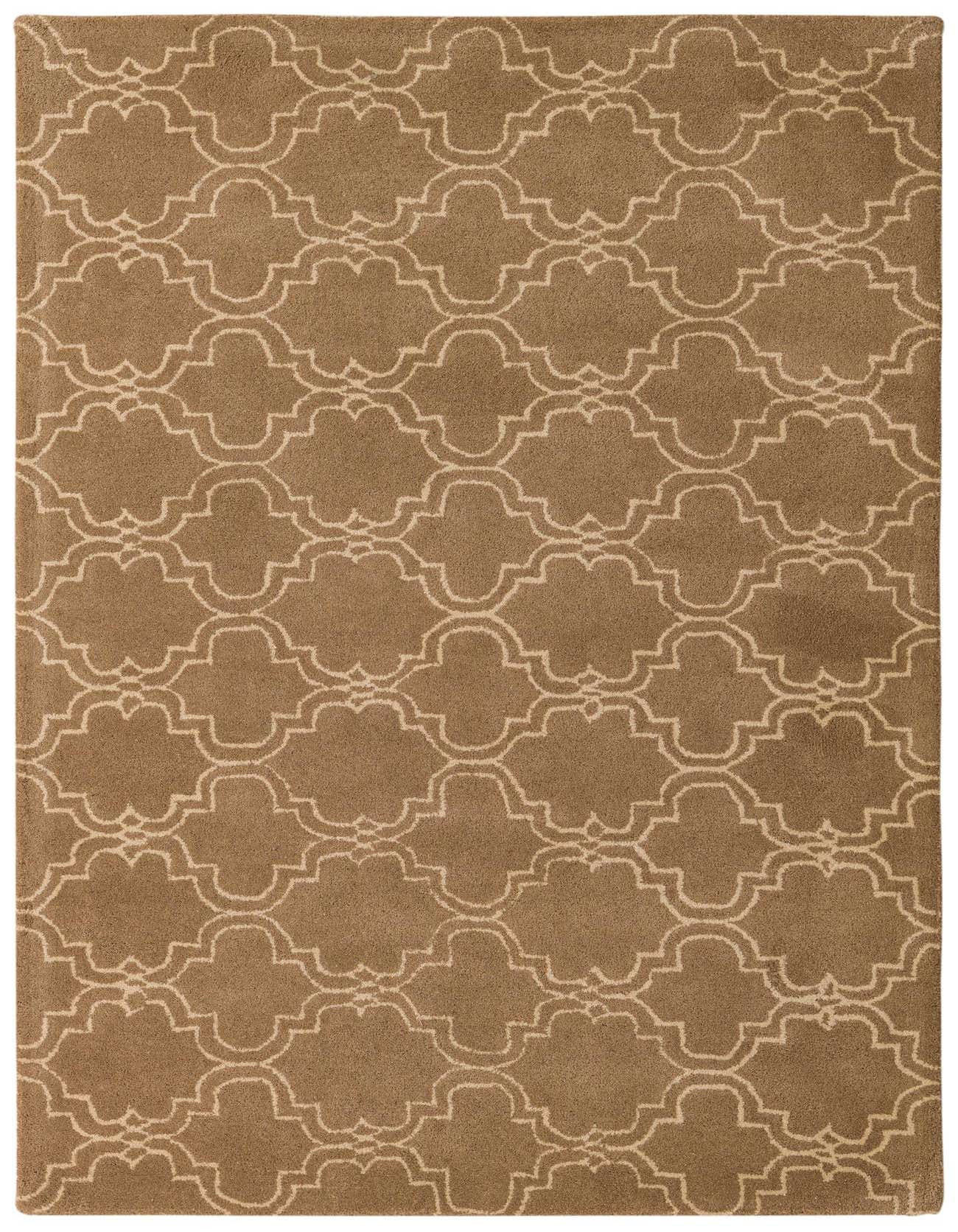 A 5x8 rectangular Luna Collection wool rug in brown with a cream modern abstract pattern, suitable for a living room.