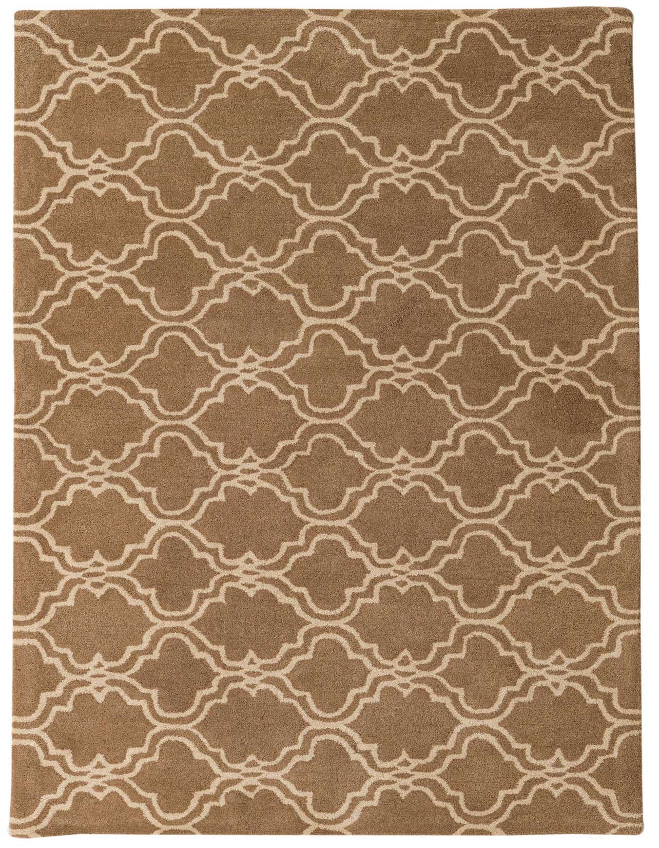 A 5x8 rectangular Luna Collection wool rug in brown with an ivory modern abstract pattern, perfect for a living room.