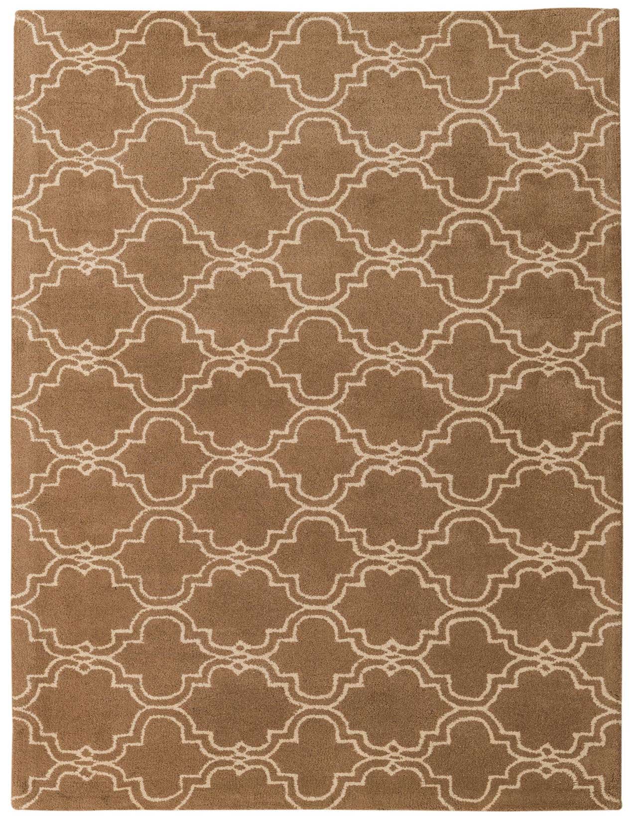 A 5x8 rectangular Luna Collection wool rug in brown with an ivory modern abstract pattern, suitable for a living room.