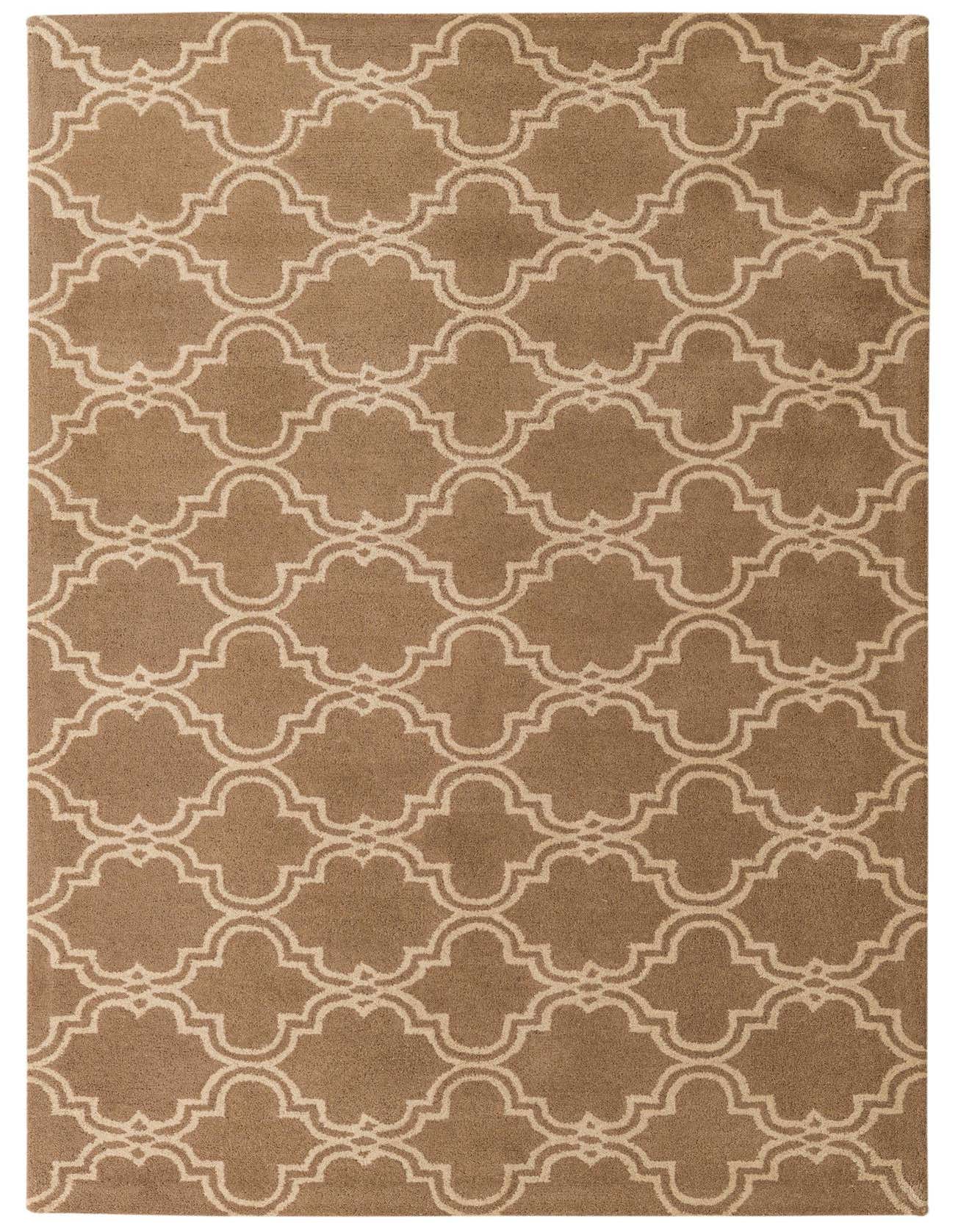 A 5x8 rectangular Luna Collection wool rug featuring a modern abstract pattern in brown and ivory tones.