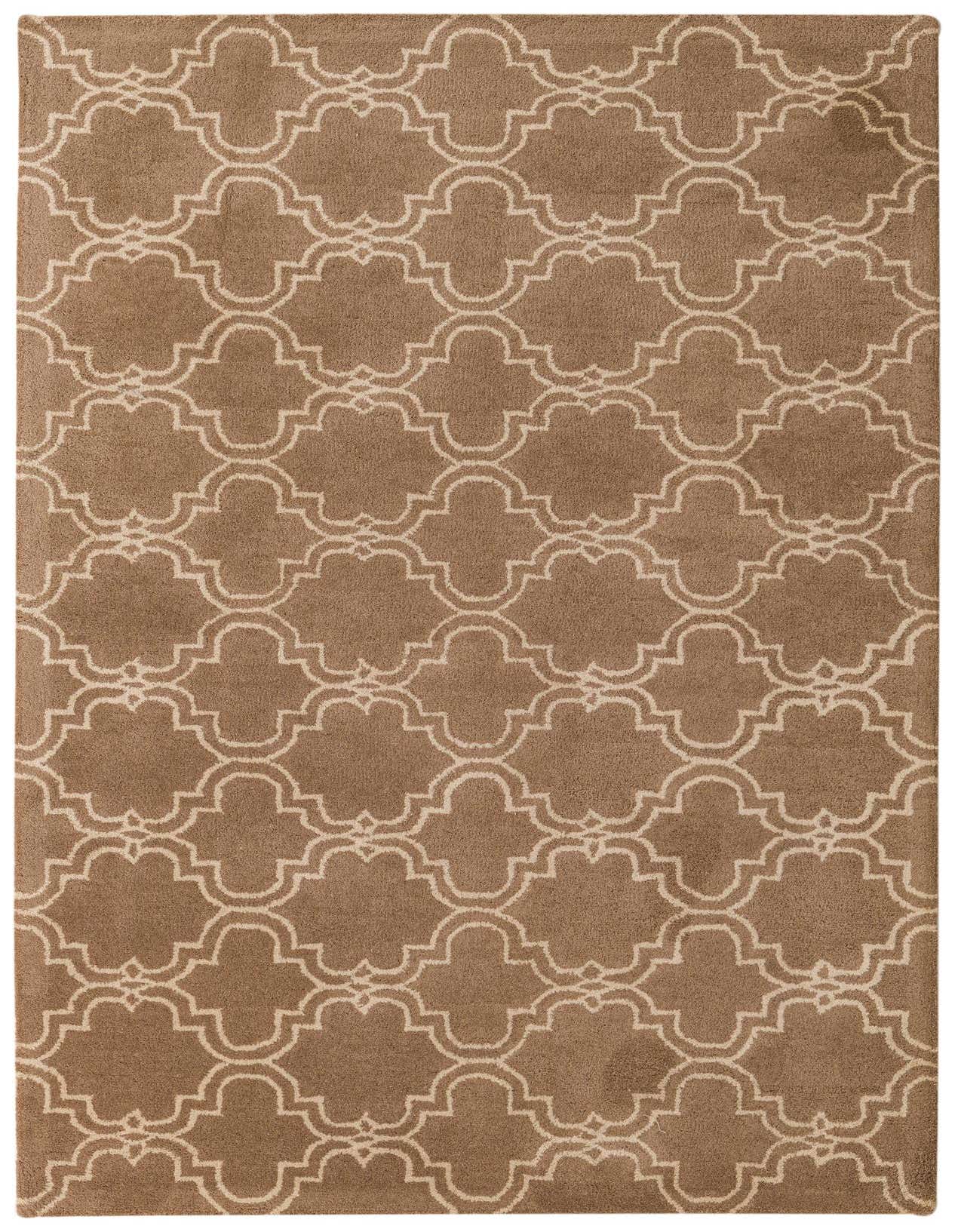 A 5x8 rectangular brown wool rug with an ivory abstract quatrefoil pattern, ideal for a modern living room.