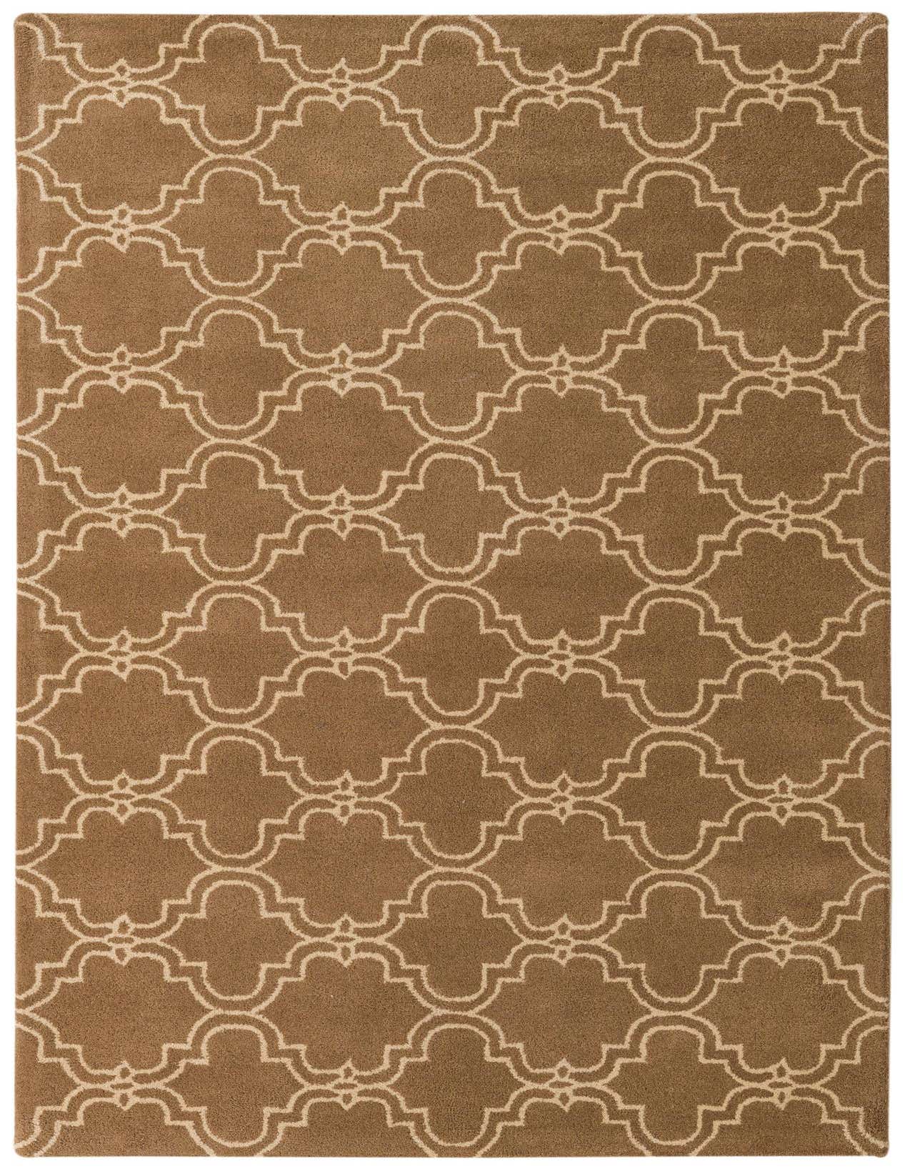 A 5x8 rectangular Luna Collection wool rug featuring a brown base with an ivory modern abstract pattern.