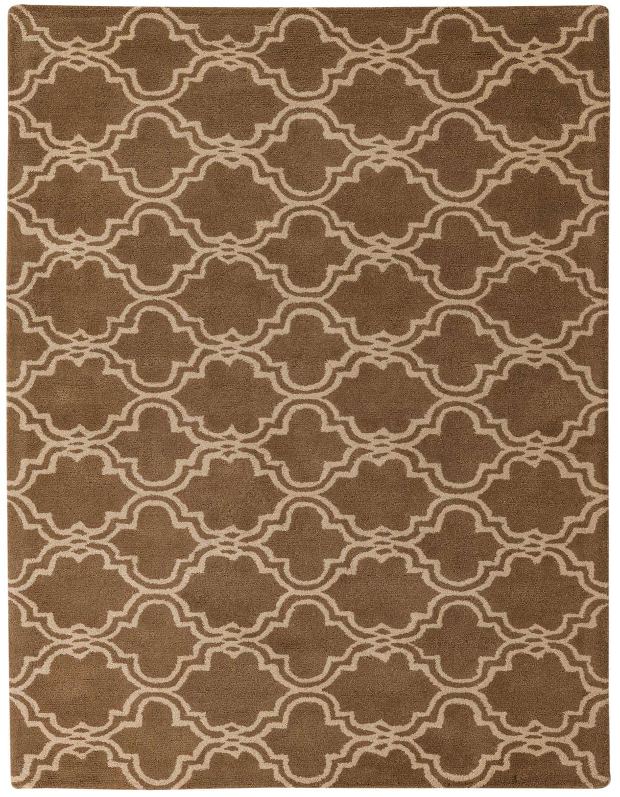 A 5x8 rectangular Luna Collection wool rug featuring a repeating modern abstract pattern in brown and ivory.