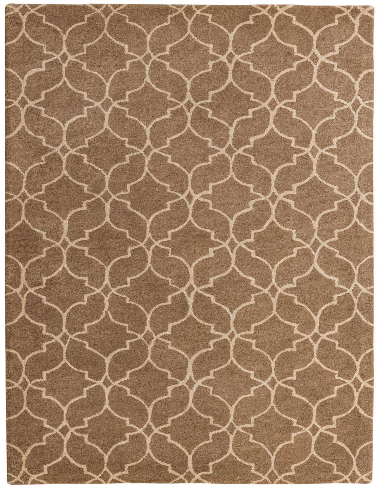 A 5x8 rectangular Luna Collection wool rug in brown with an ivory modern abstract pattern, perfect for a living room.