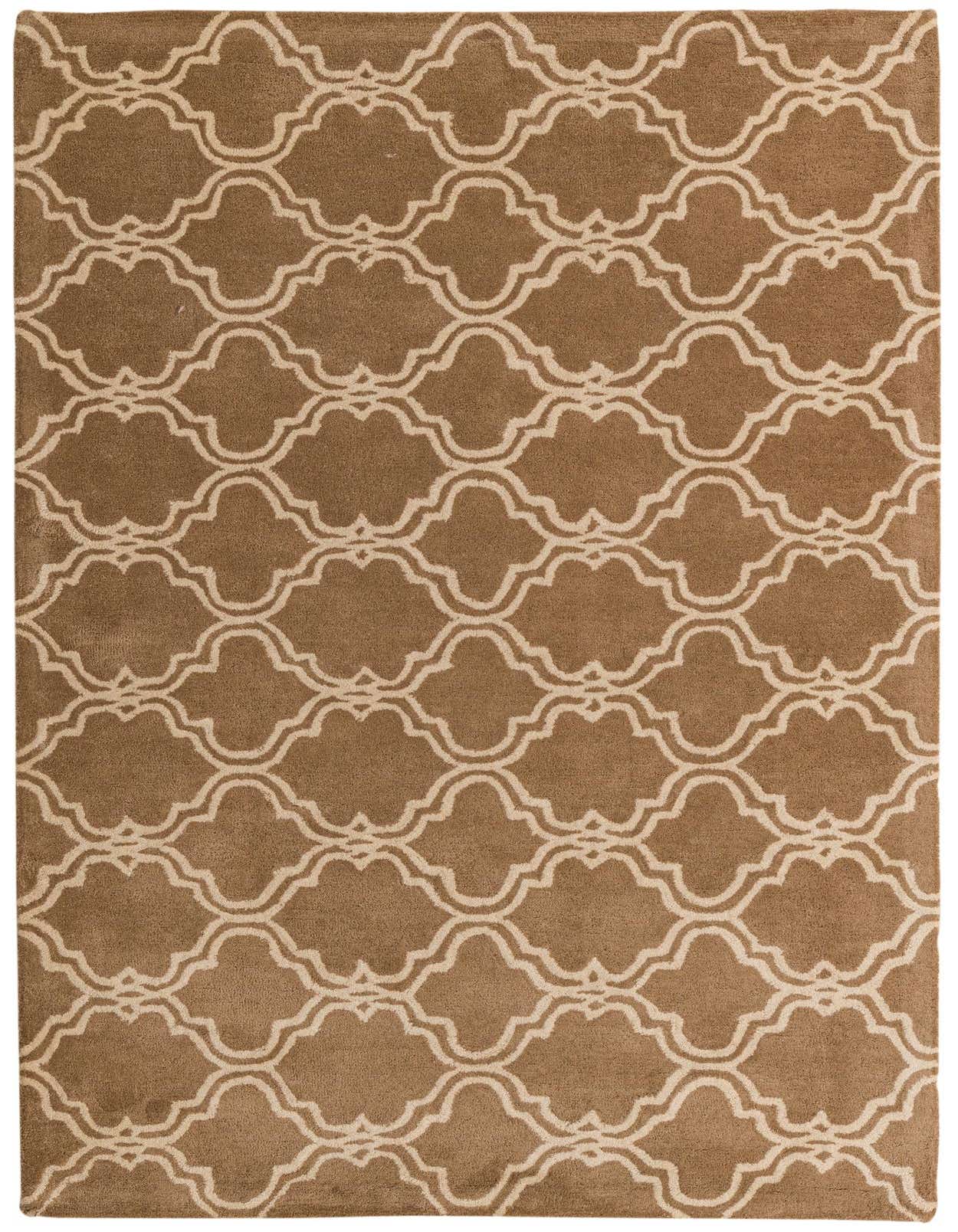 A 5x8 rectangular Luna Collection wool rug in brown and ivory with a modern abstract trellis pattern.