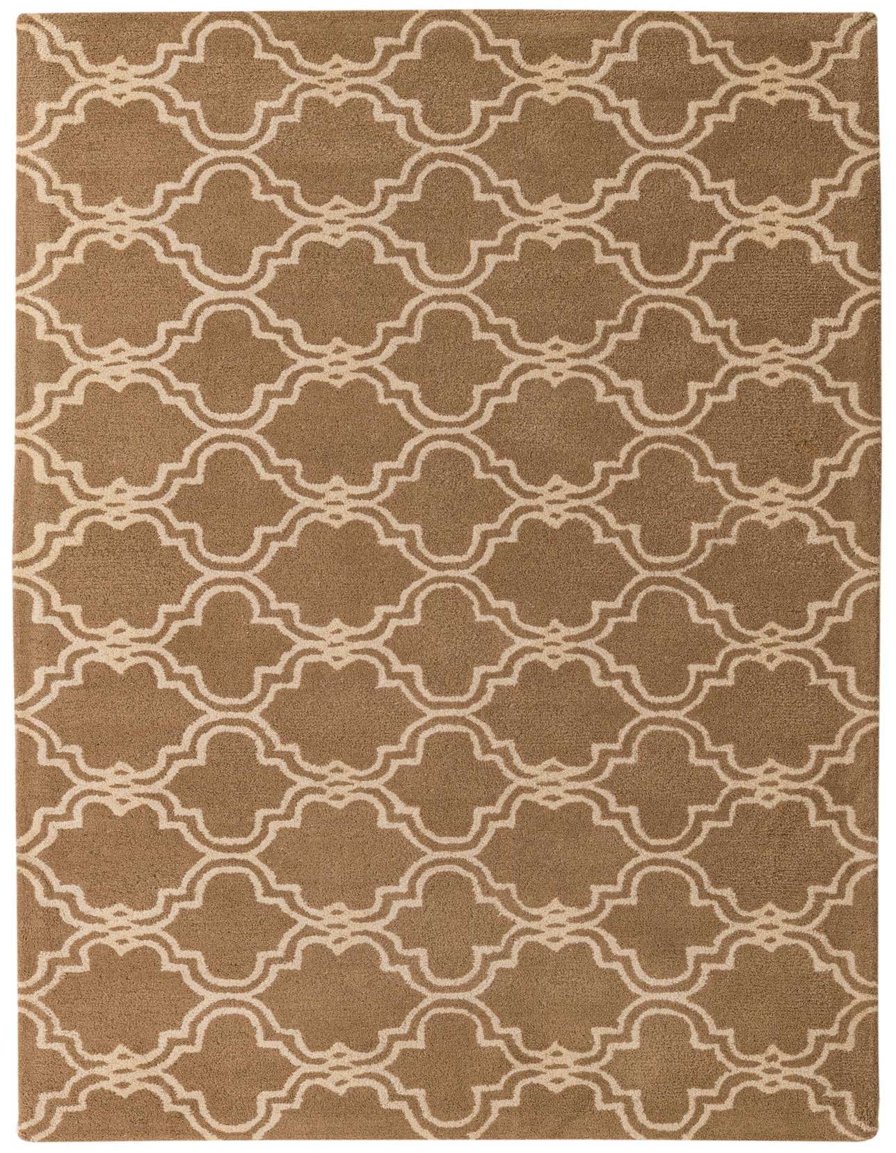 A 5x8 rectangular Luna Collection wool rug featuring a high pile and a modern abstract pattern in brown and ivory.