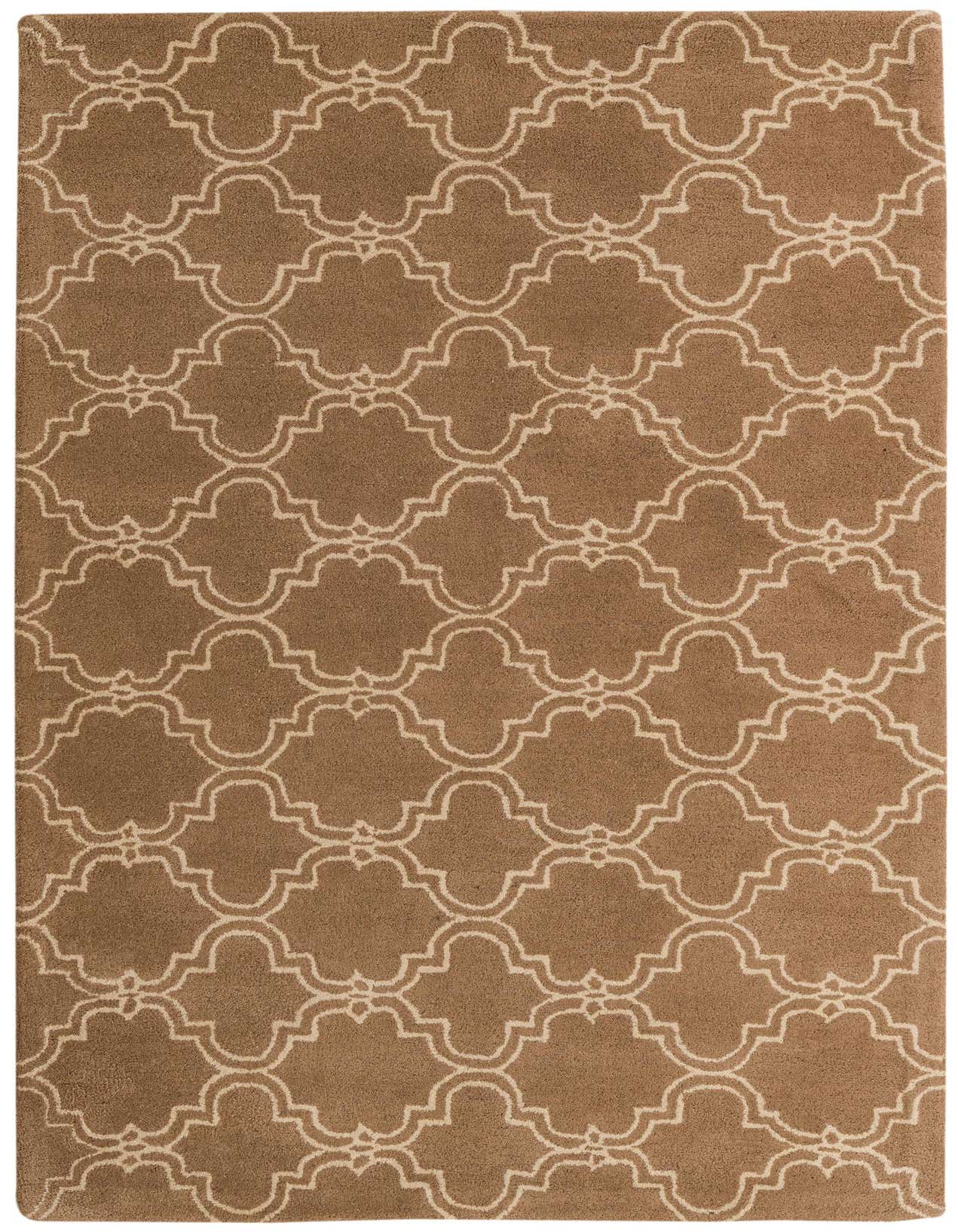 A 5x8 rectangular Luna Collection wool rug in brown with an ivory modern abstract pattern, suitable for a living room.