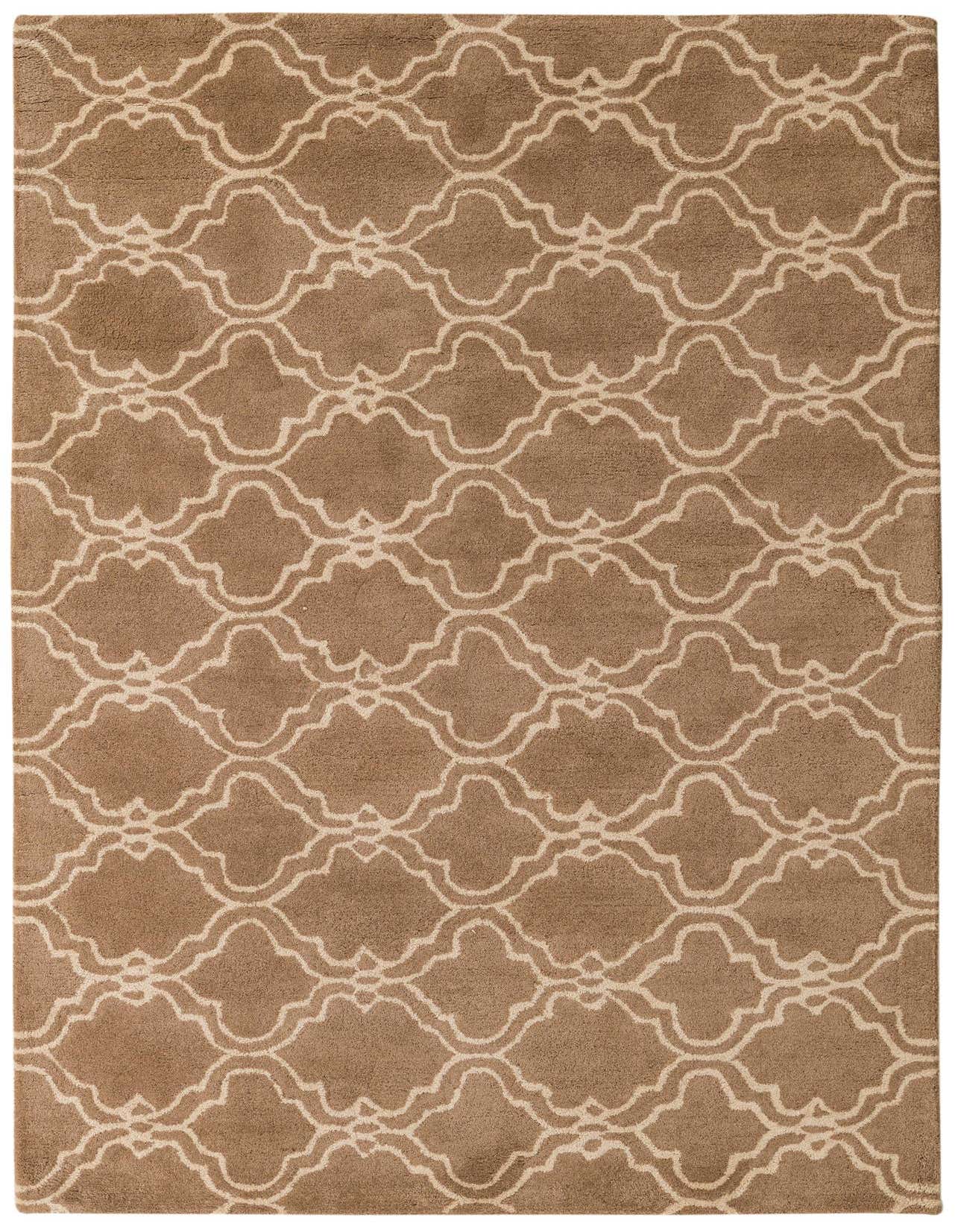A 5x8 rectangular brown wool rug with a high pile, featuring an ivory abstract trellis pattern.