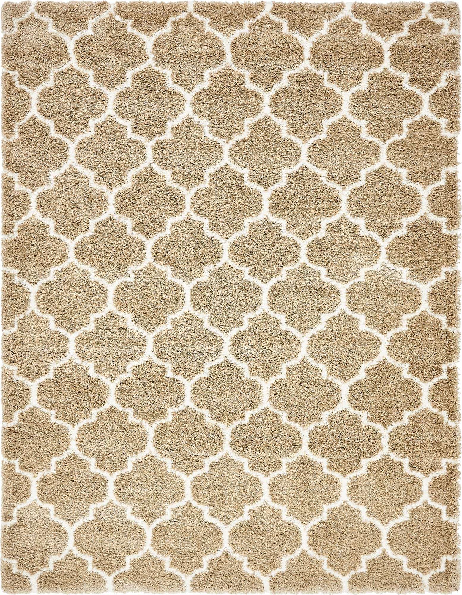 A rectangular 8x10 Moroccan Shag rug featuring a tan background with an ivory trellis pattern, ideal for a living room.