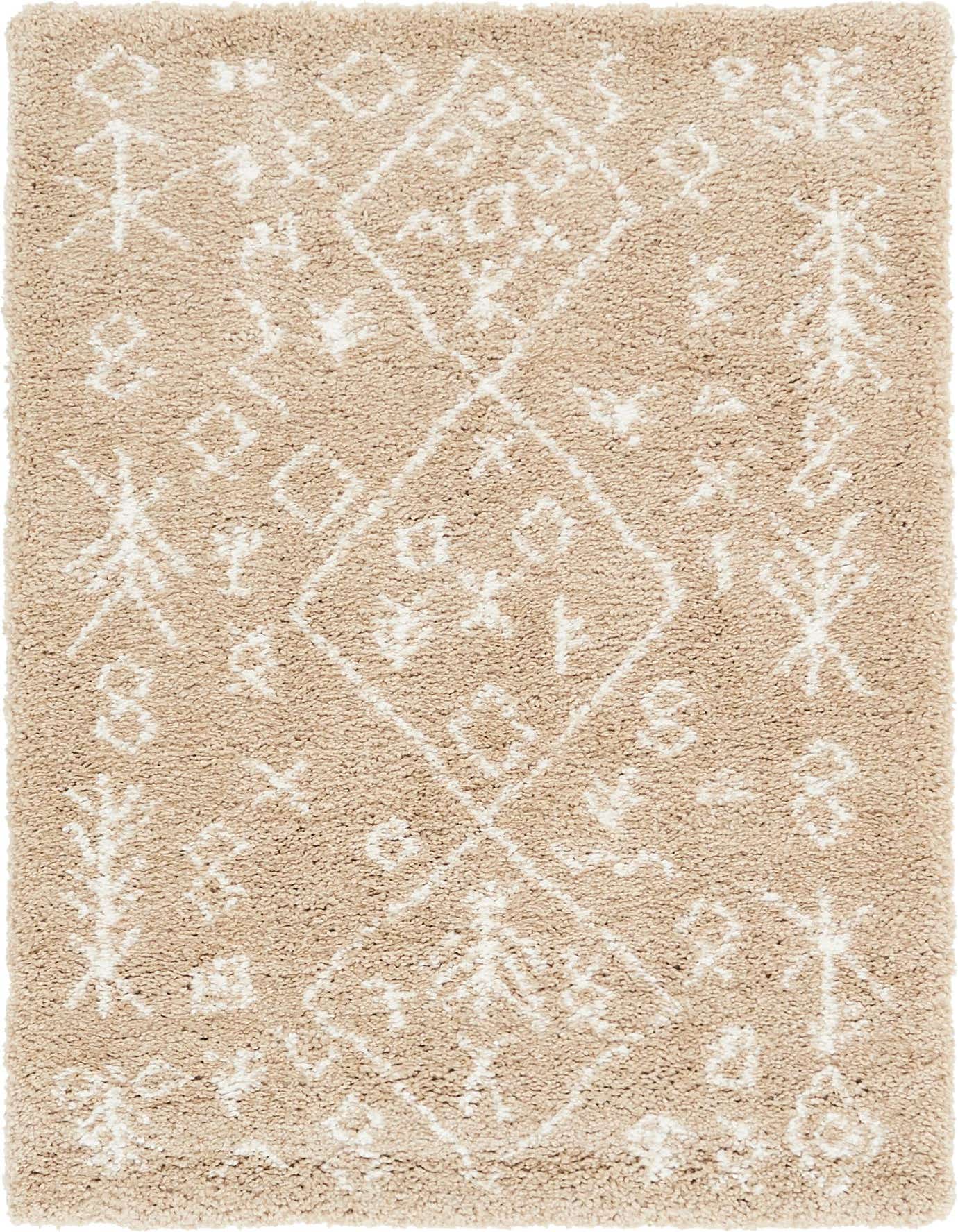 A 2x3 rectangular Moroccan Shag rug in tan with an ivory modern geometric pattern, showcasing its plush texture.