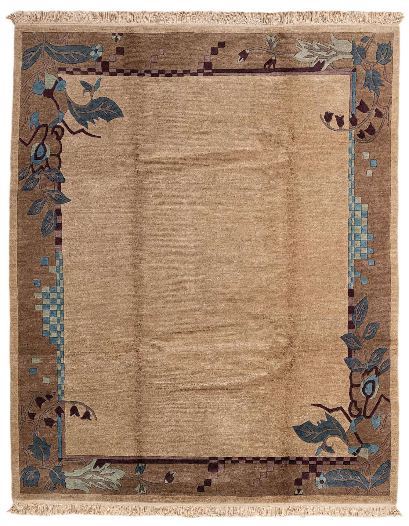A 7x10 rectangular Nepal rug by Rugs.com, featuring a tan field with a brown border of modern floral and geometric patterns.