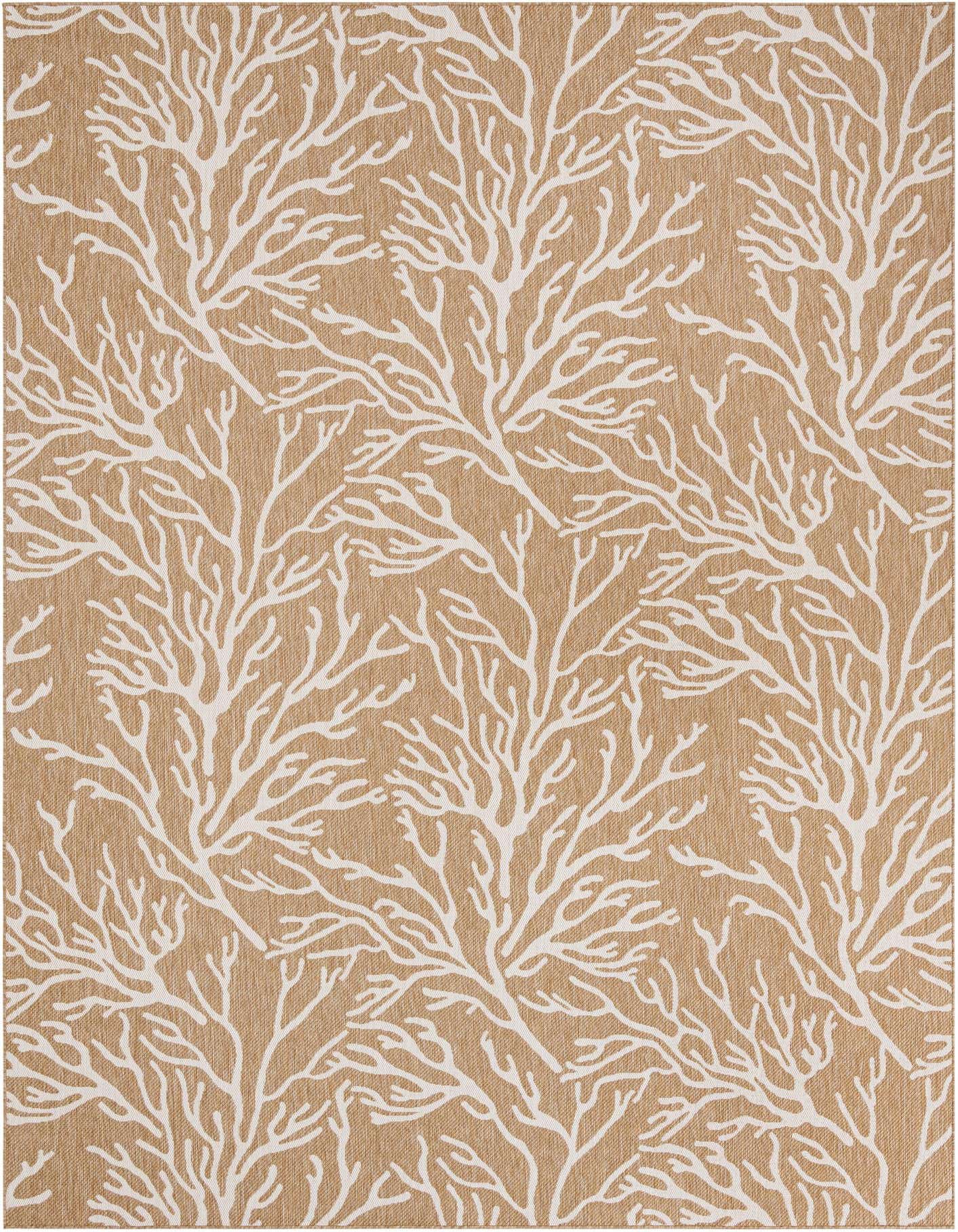 A 10x14 rectangular indoor/outdoor rug featuring a modern coastal pattern of white coral branches on a textured tan background.