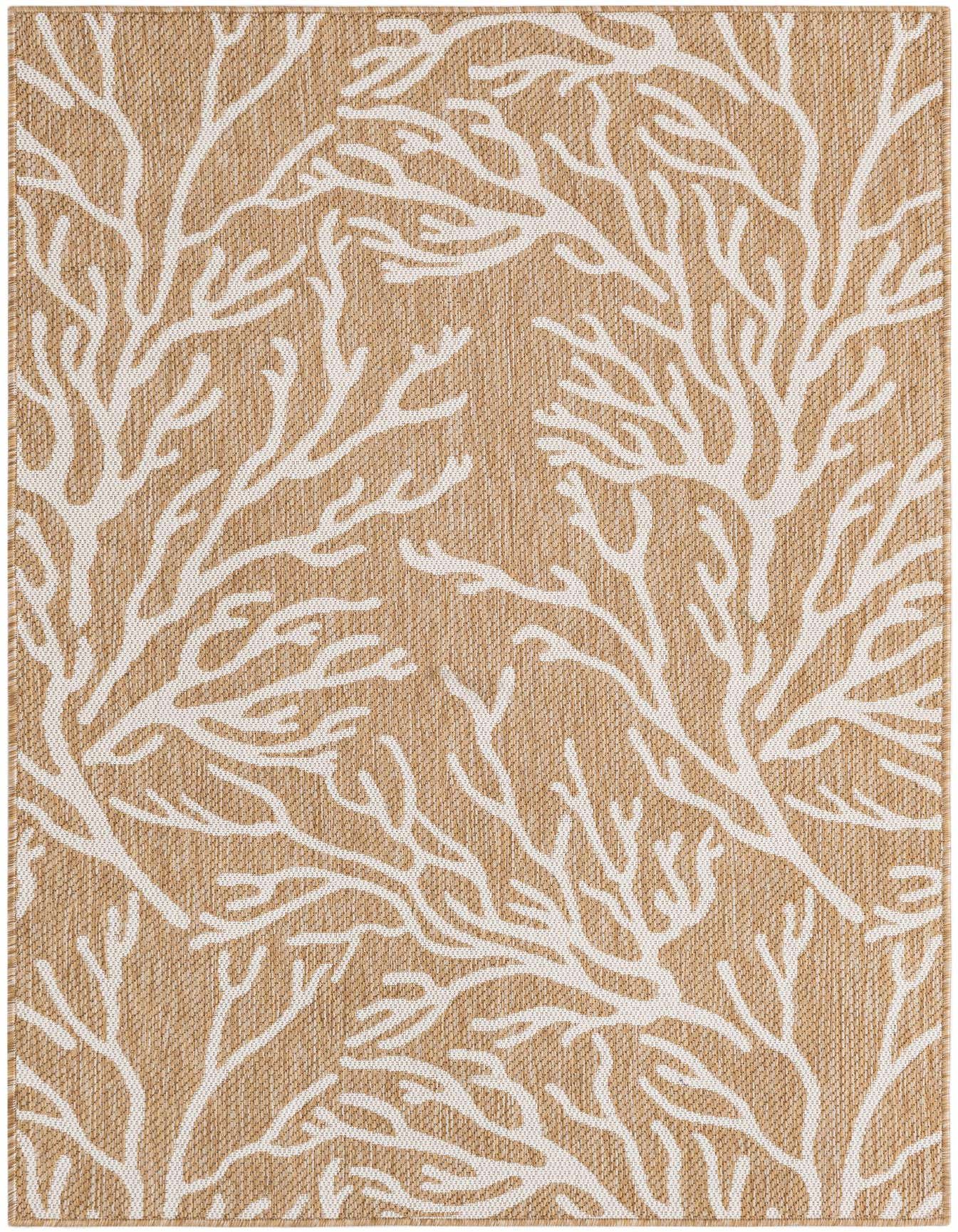 A 4x6 rectangular indoor/outdoor rug with a modern coastal pattern of white coral branches on a tan background.