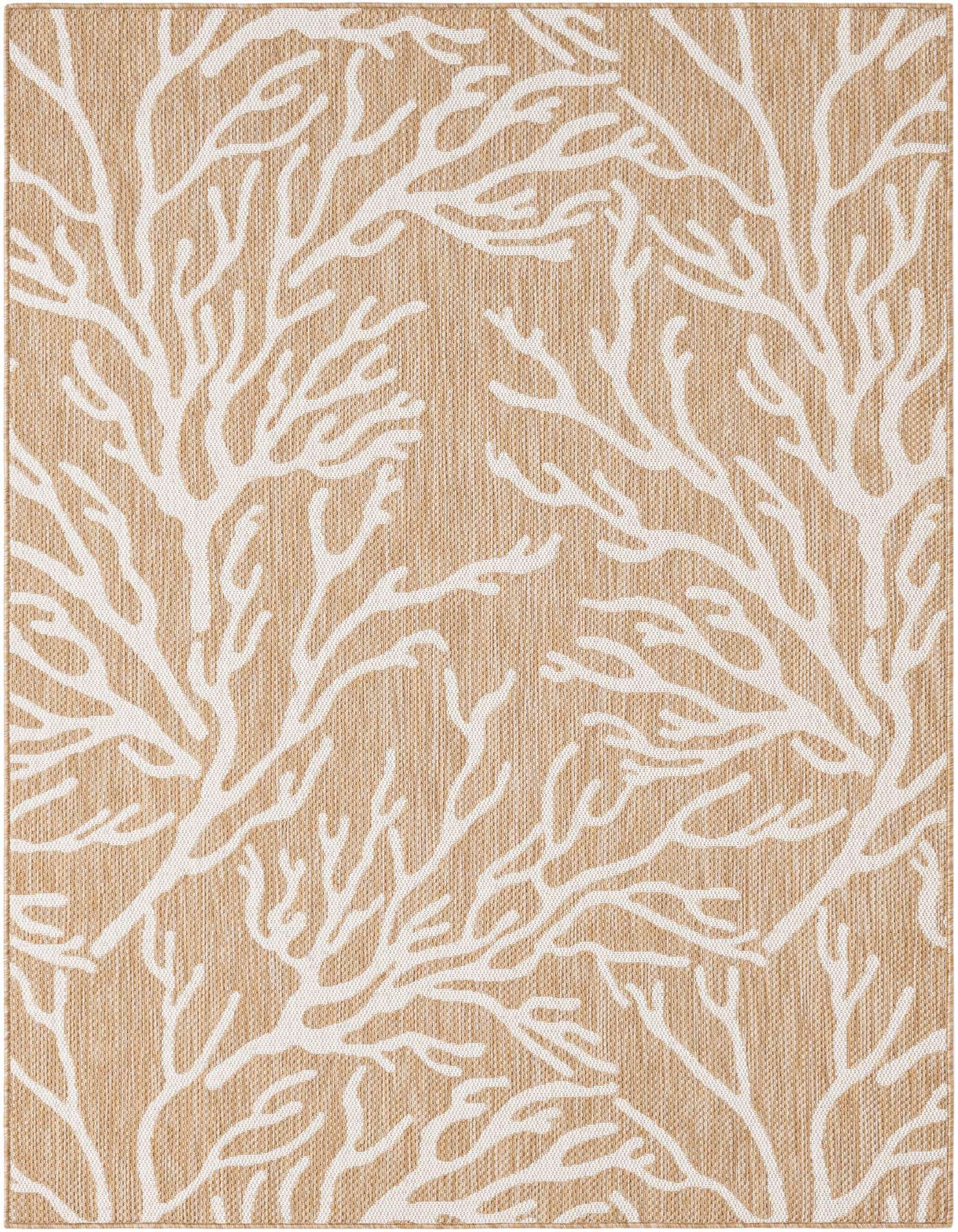 A 5x8 rectangular indoor/outdoor rug featuring a modern coastal coral pattern in tan and ivory.