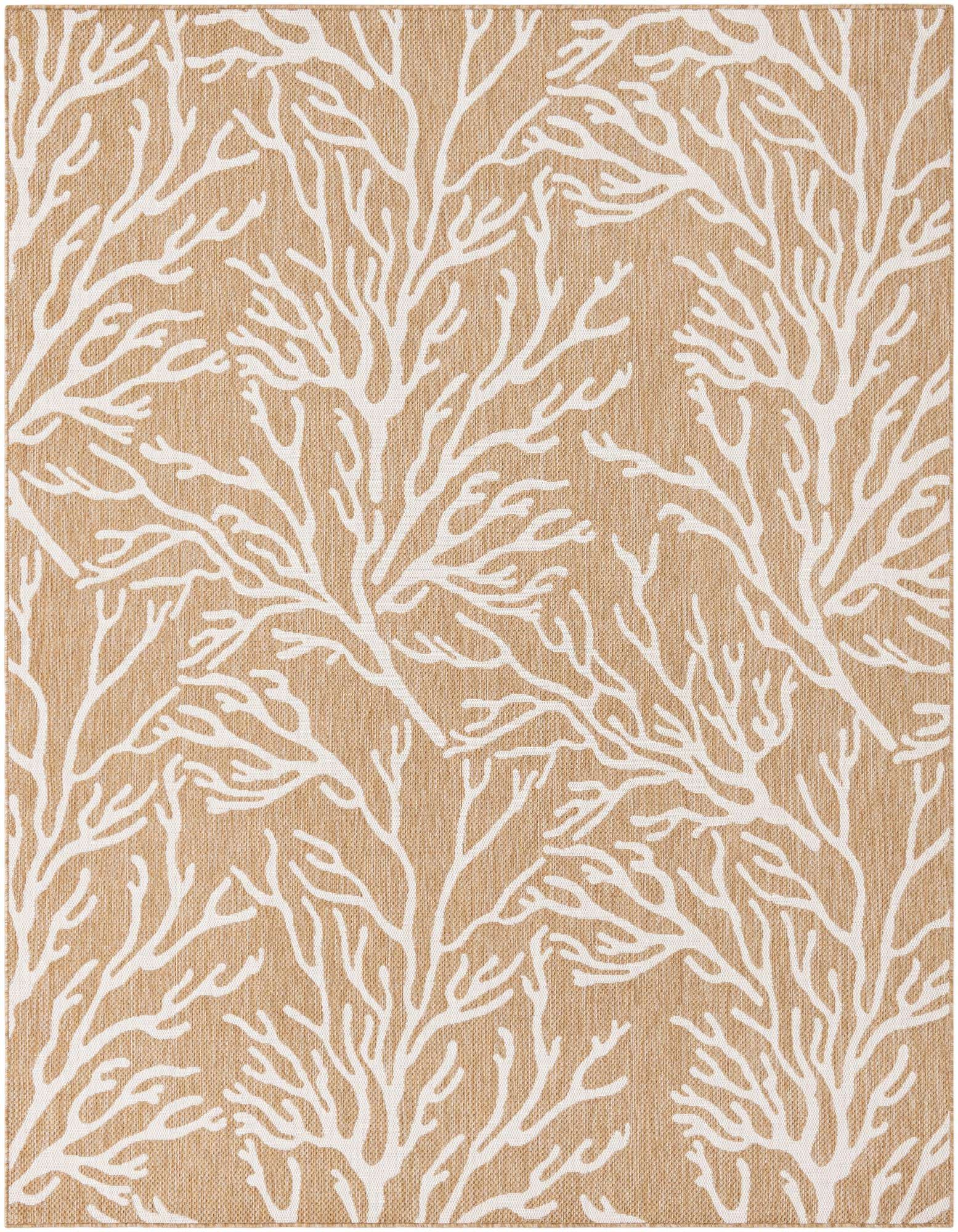An 8x10 rectangular indoor/outdoor rug featuring a modern coastal coral pattern in ivory on a tan flatweave background.