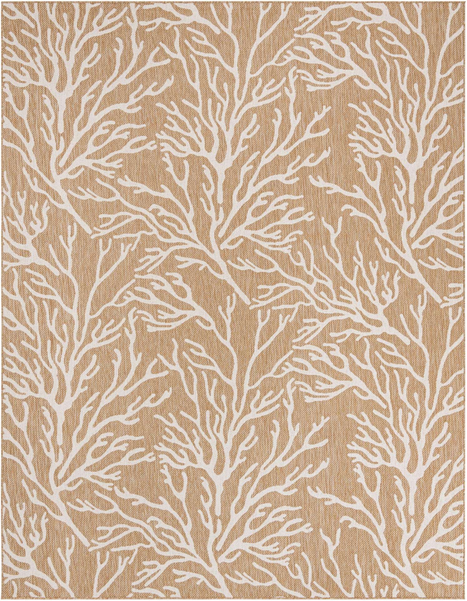A 9x12 rectangular indoor/outdoor rug featuring a white coral pattern against a textured tan background, ideal for a patio.