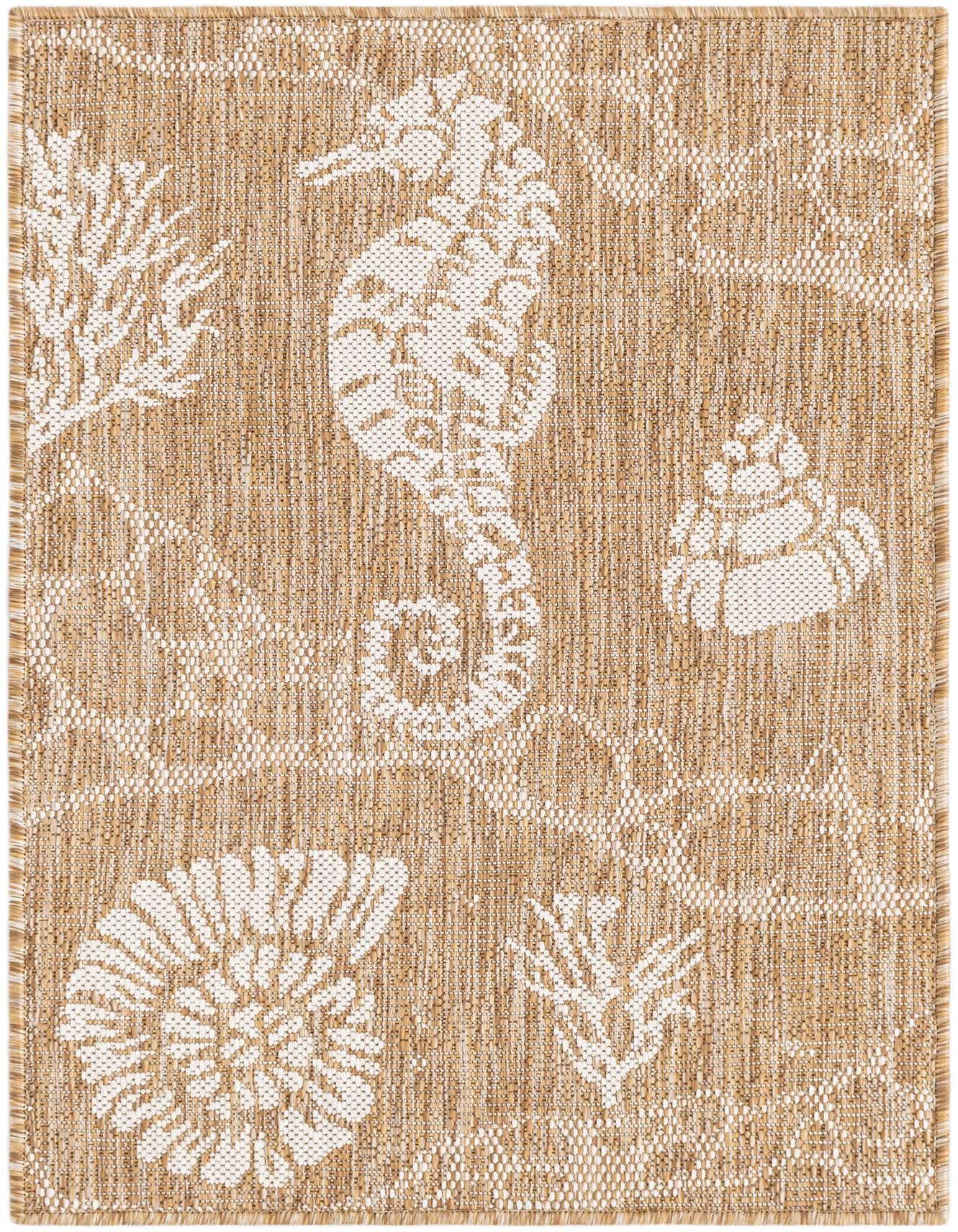 A 2x3 rectangular brown and ivory flatweave rug with a coastal pattern featuring a seahorse, coral, and seashells.