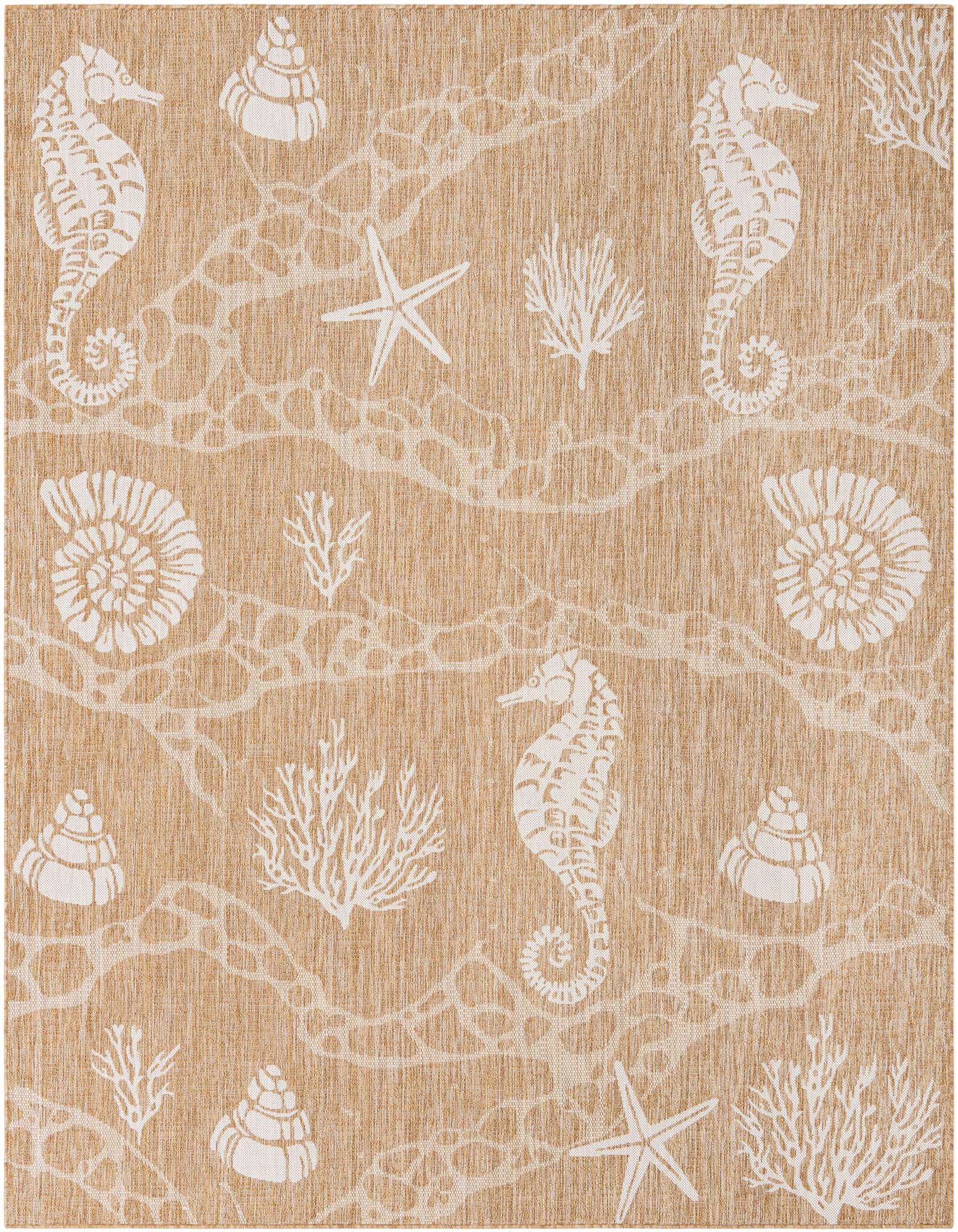 An 8x10 rectangular indoor/outdoor rug with a tan background and white coastal patterns of seahorses, starfish, seashells, and coral.