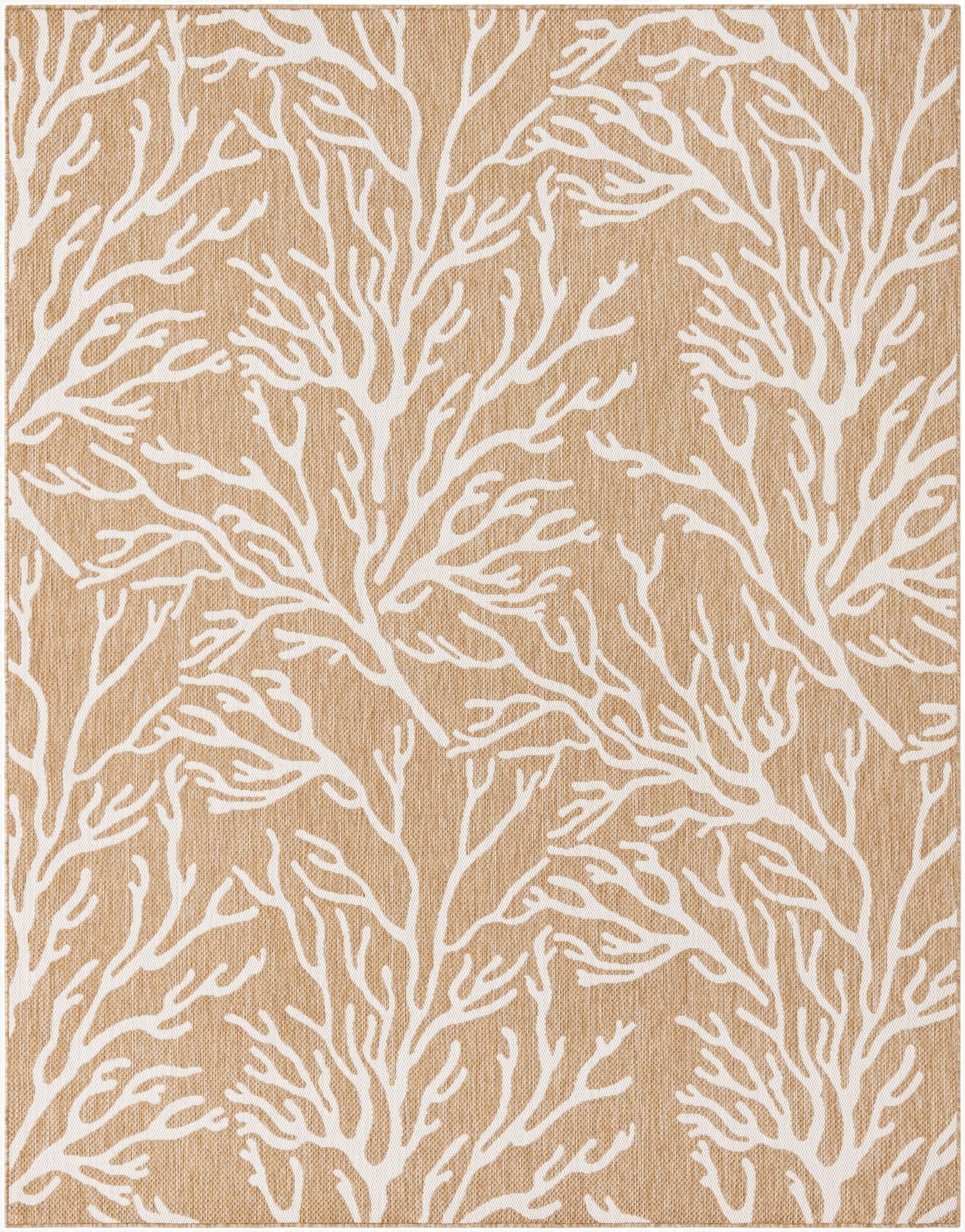 An 8x10 rectangular indoor/outdoor rug featuring a modern coastal coral pattern in ivory on a tan flatweave background.