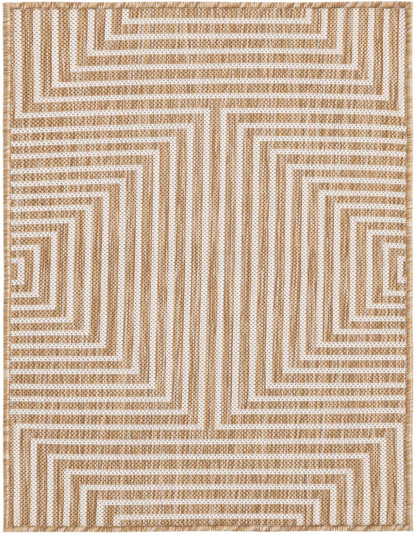 A 2x3 rectangular brown and ivory modern abstract rug with a geometric pattern of concentric rectangles and lines.