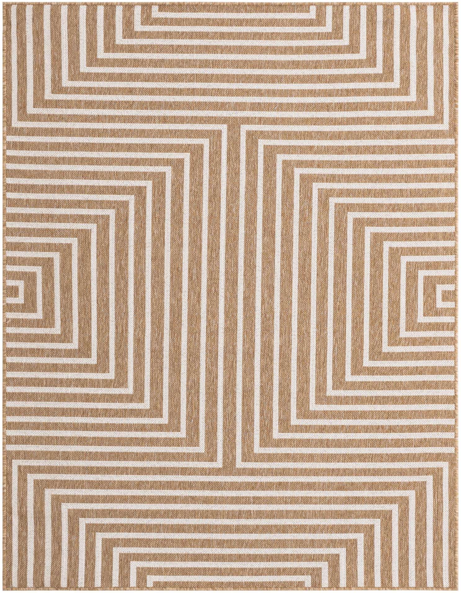 A 5x7 rectangular indoor/outdoor rug featuring a modern abstract pattern of concentric tan and ivory lines.