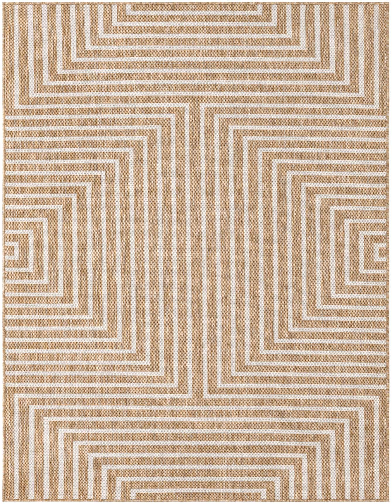 A 5x8 rectangular brown and ivory modern abstract rug with a geometric pattern of interlocking lines, suitable for indoor or outdoor use.