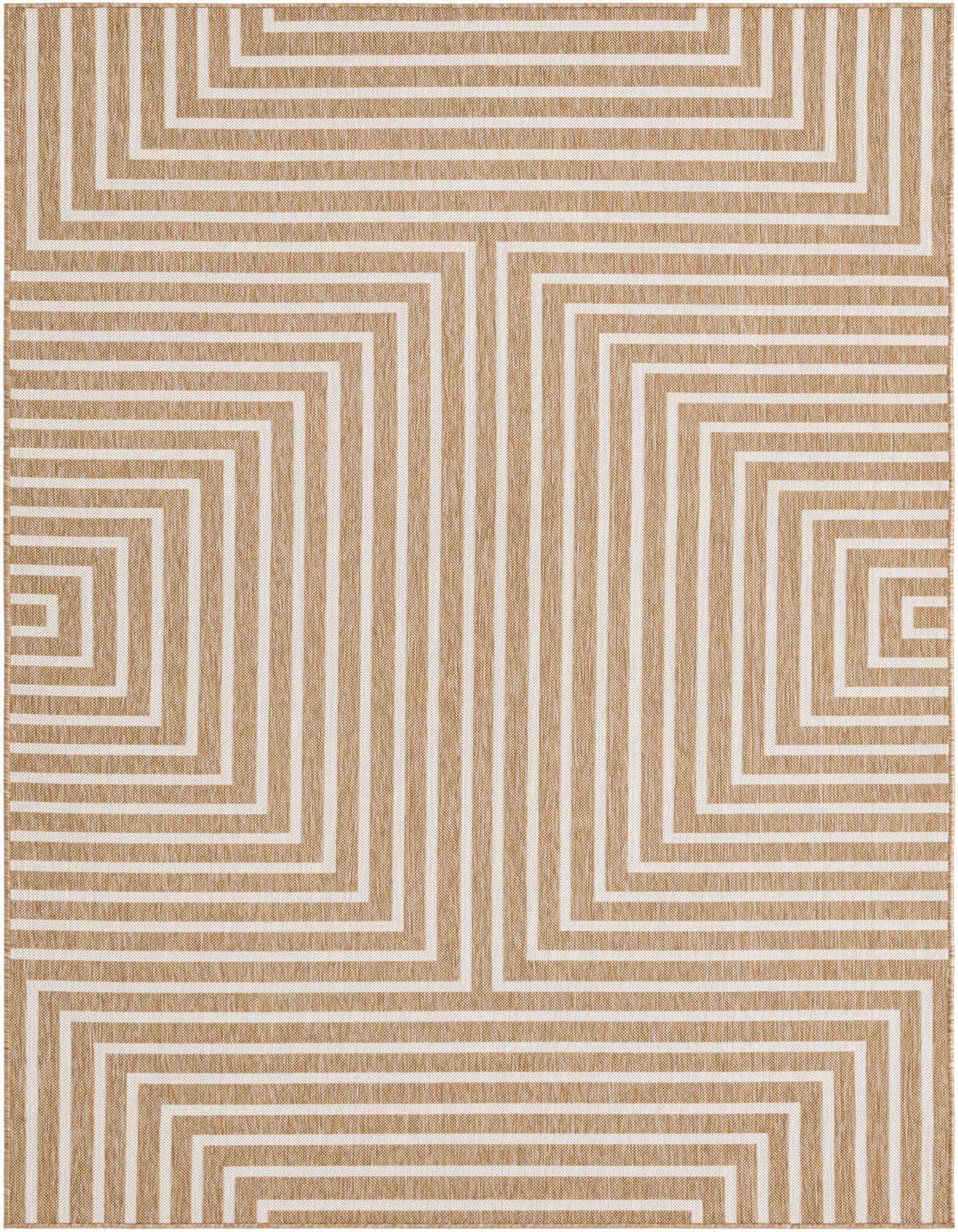 A 6x9 rectangular brown and ivory modern abstract rug with a geometric striped pattern, suitable for indoor or outdoor use.
