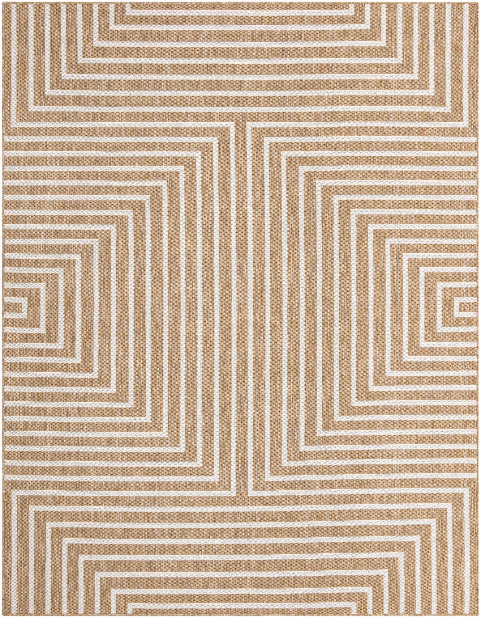 A rectangular 8x10 brown and ivory modern abstract rug with a geometric maze pattern, suitable for indoor or outdoor spaces.
