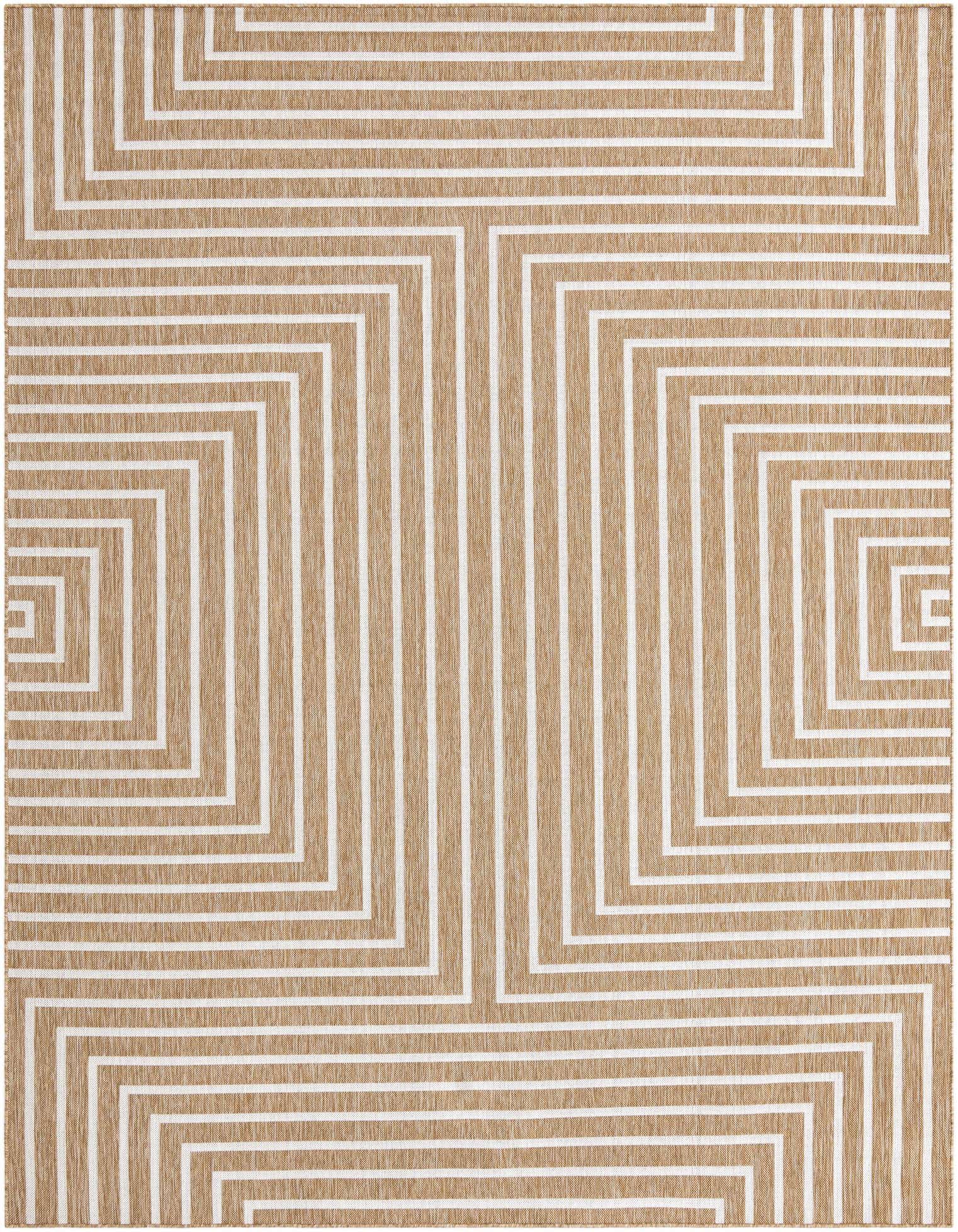 A 9x12 rectangular brown and ivory modern abstract rug with a geometric maze-like pattern, suitable for indoor or outdoor use.