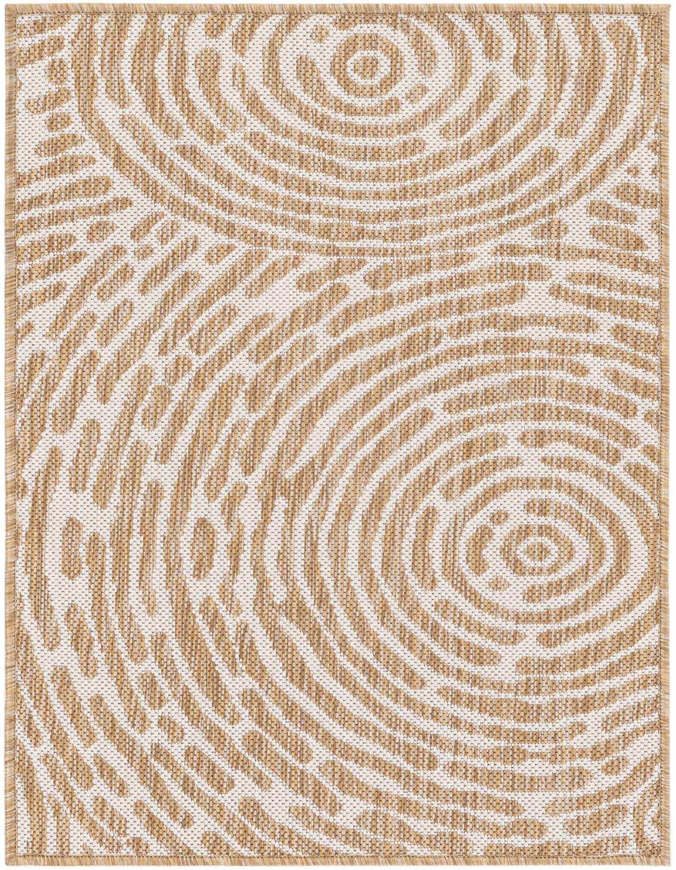 A 2x3 rectangular indoor/outdoor rug with an abstract modern pattern in brown and ivory tones.