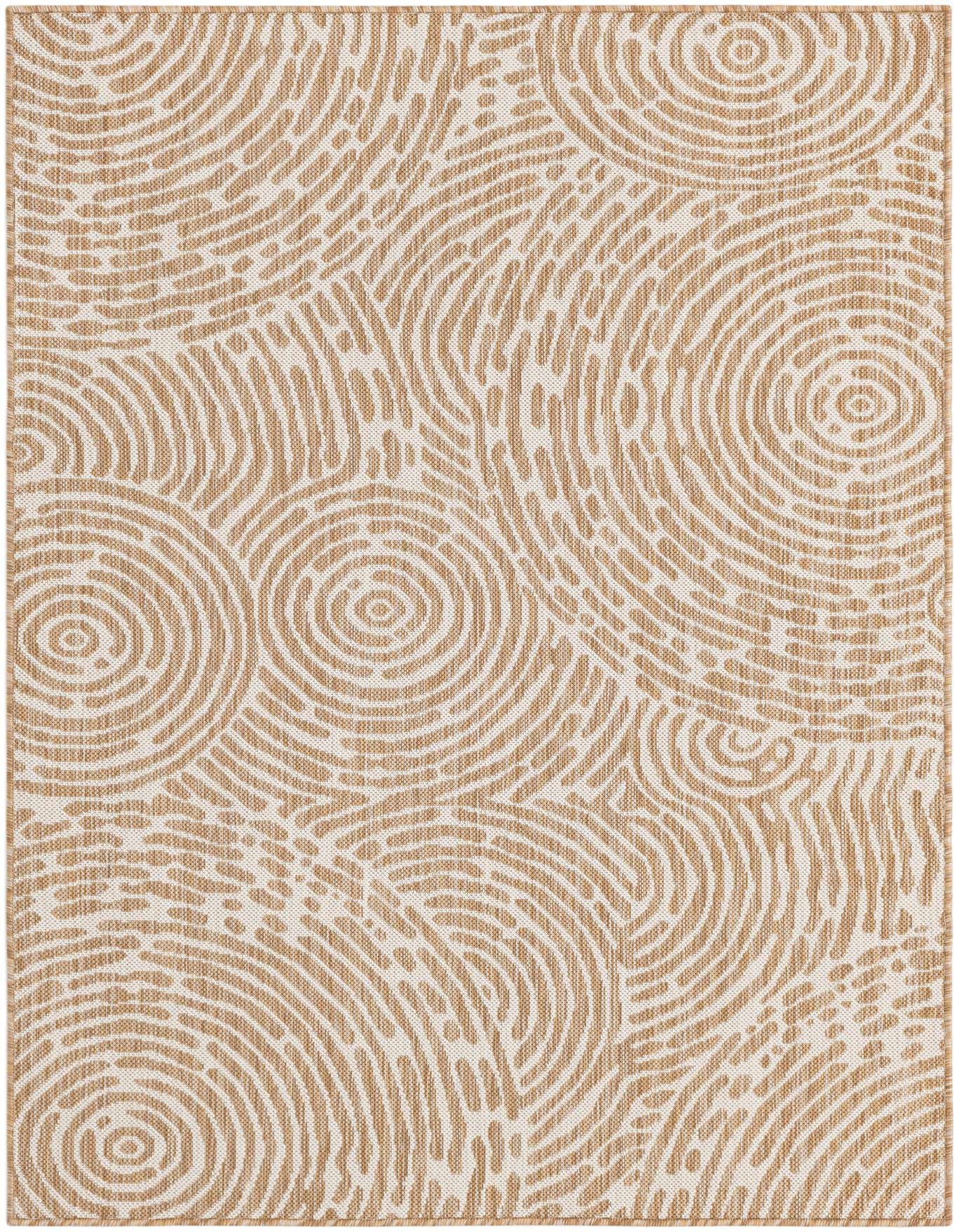 A 4x6 rectangular brown and ivory modern abstract flatweave rug with a textured circular and wavy pattern.