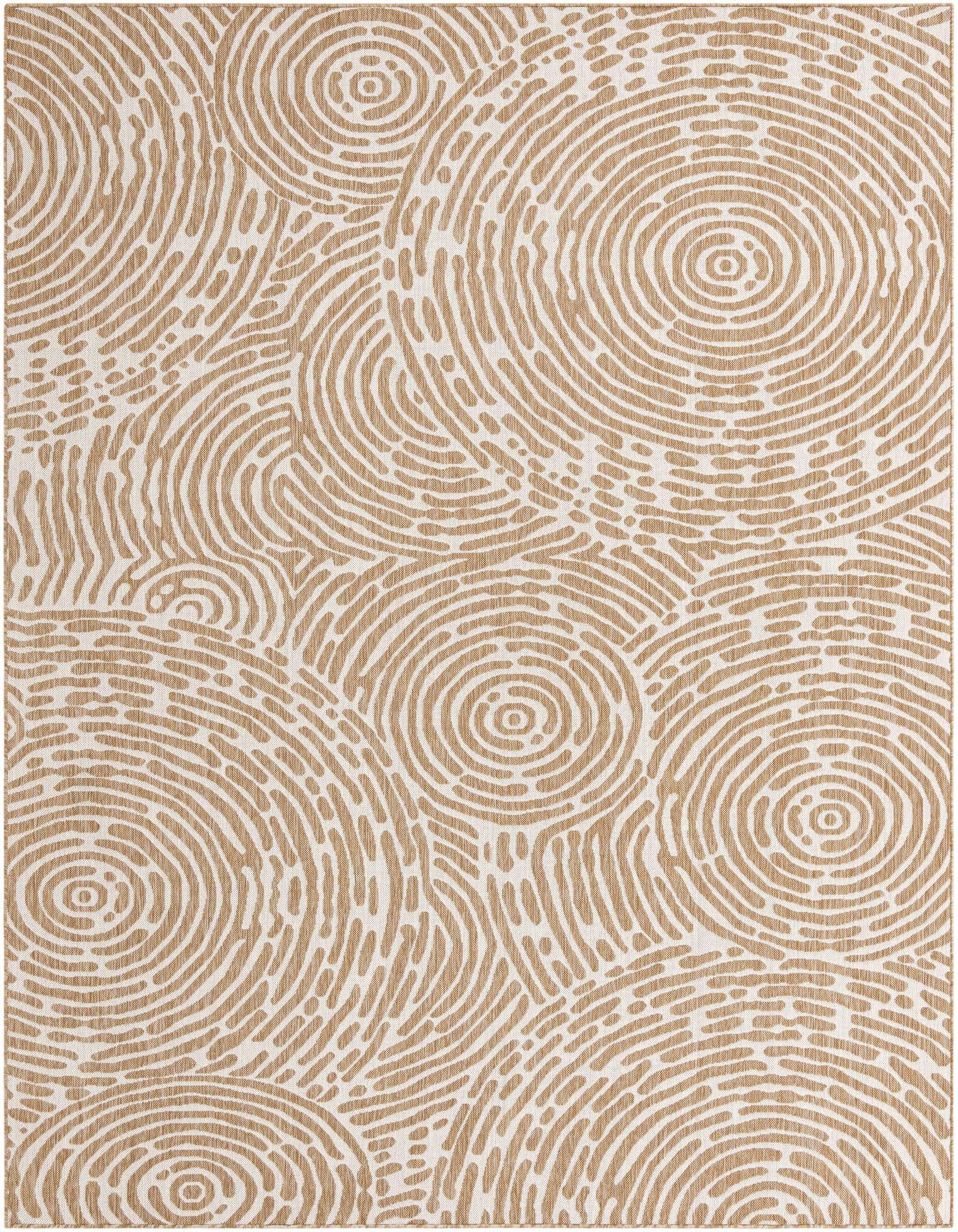 A 9x12 rectangular indoor/outdoor rug featuring a modern abstract pattern of concentric tan circles on an ivory background.