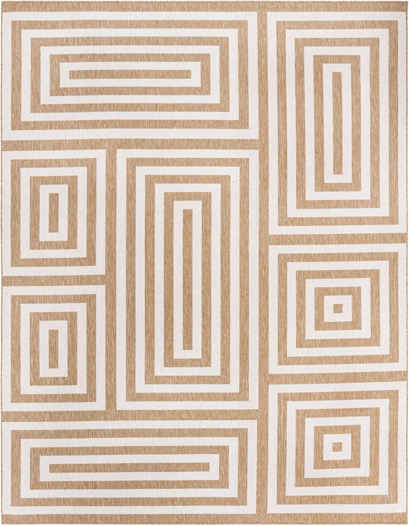 A 10x14 rectangular brown and ivory modern abstract rug with a geometric pattern of interlocking rectangles.