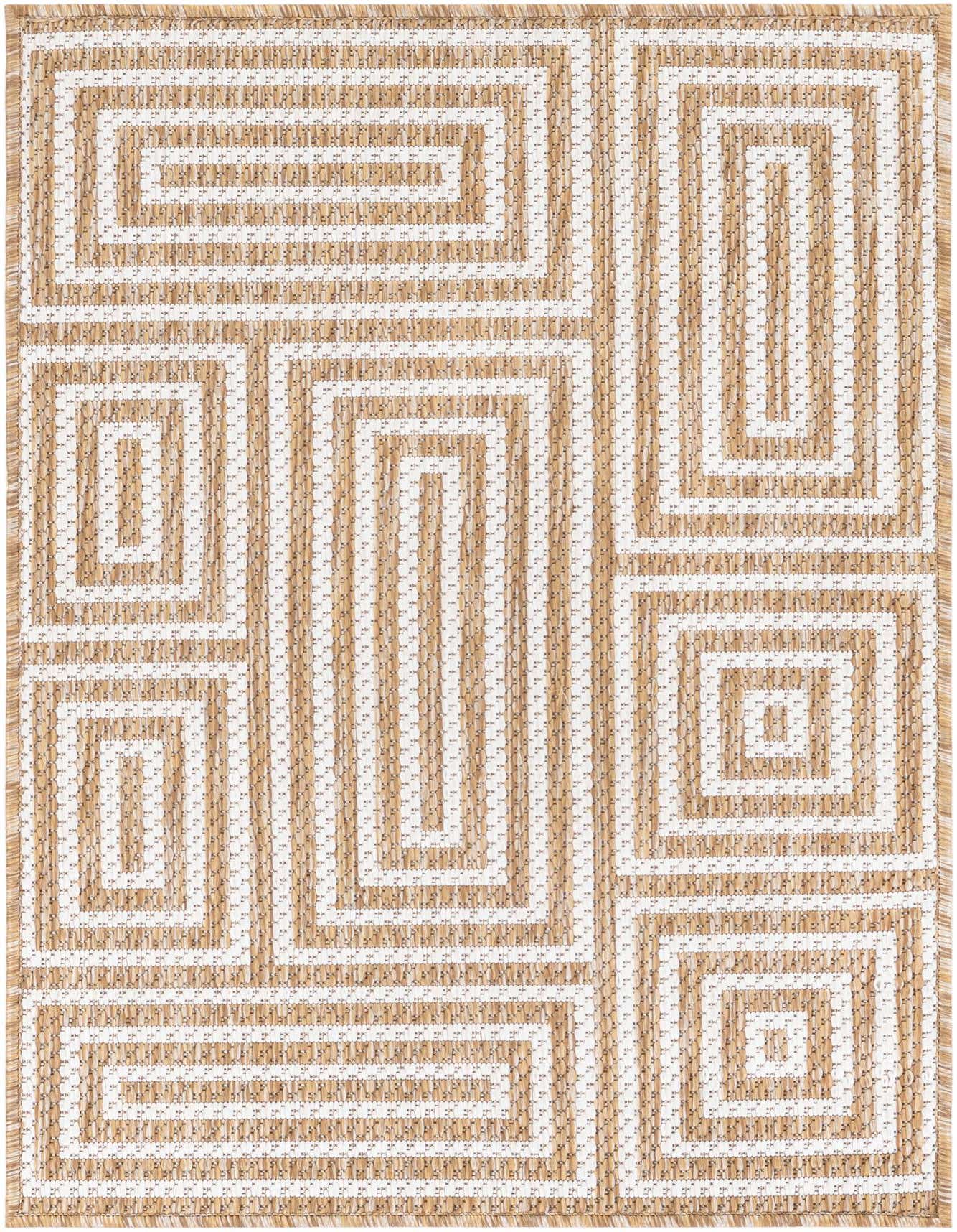 A 2x3 rectangular Rugs.com Outdoor Modern rug featuring a geometric pattern of interlocking brown and ivory rectangles and squares.
