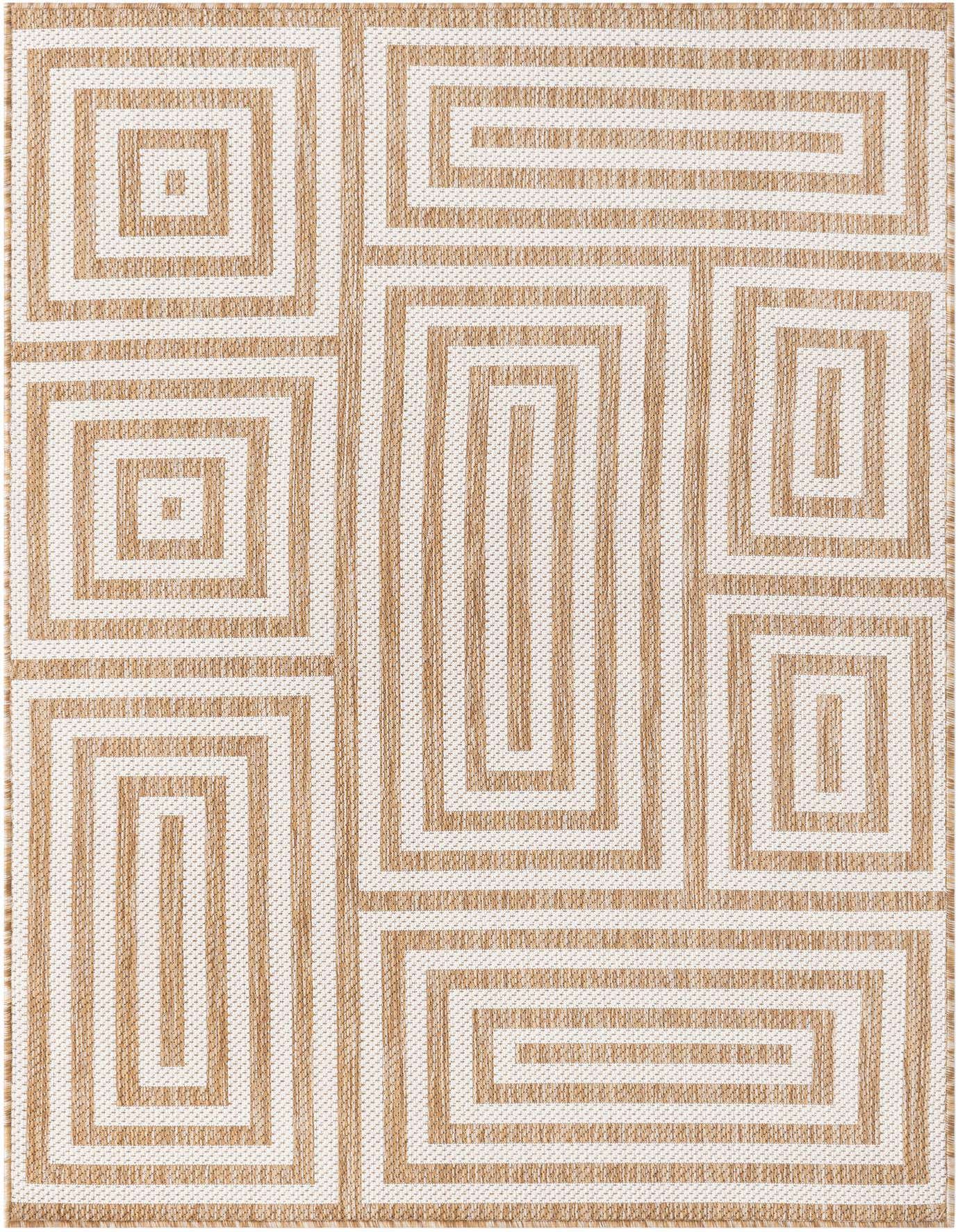 A 4x6 rectangular indoor/outdoor rug with a modern abstract pattern of interlocking tan and ivory geometric rectangles.