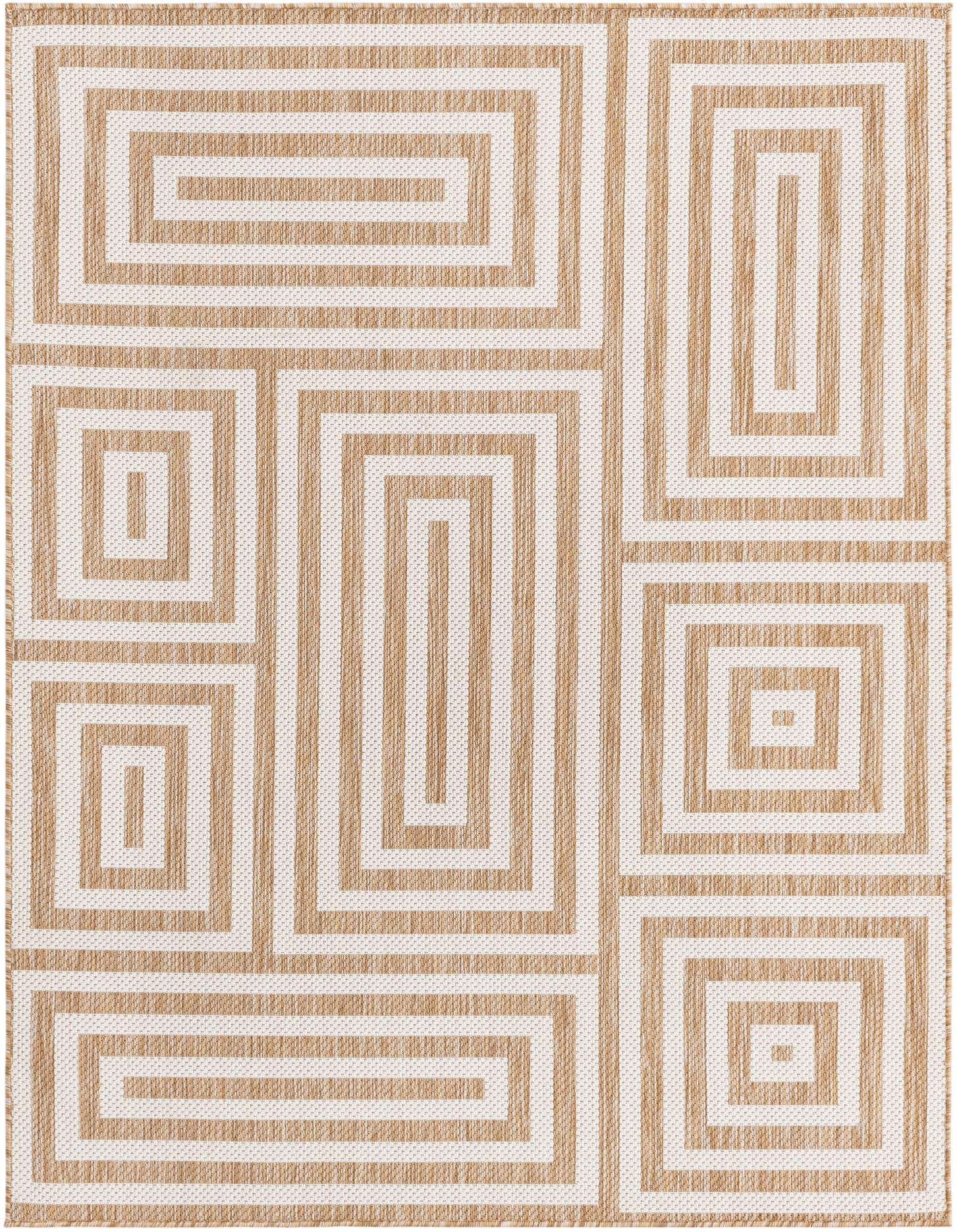 A 5x7 rectangular indoor/outdoor rug featuring a modern abstract pattern of concentric rectangles in brown and ivory tones.