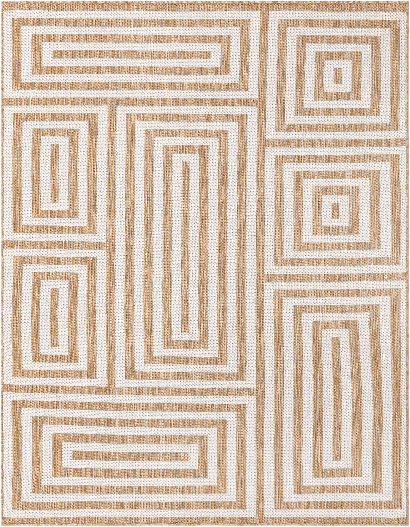A 5x8 rectangular brown and ivory flatweave rug featuring a modern abstract geometric pattern of interlocking lines and rectangles.