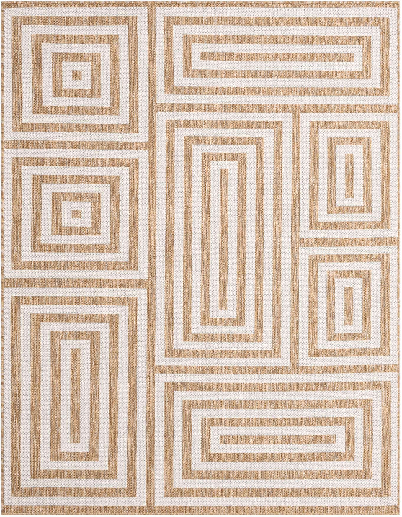 A 6x9 rectangular indoor/outdoor rug featuring a modern abstract pattern of interlocking brown and ivory geometric shapes.
