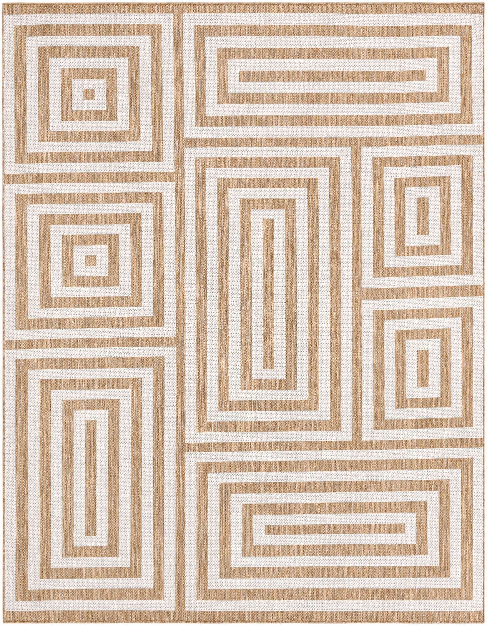An 8x10 rectangular indoor/outdoor rug with a modern abstract pattern of interlocking brown and ivory geometric lines.